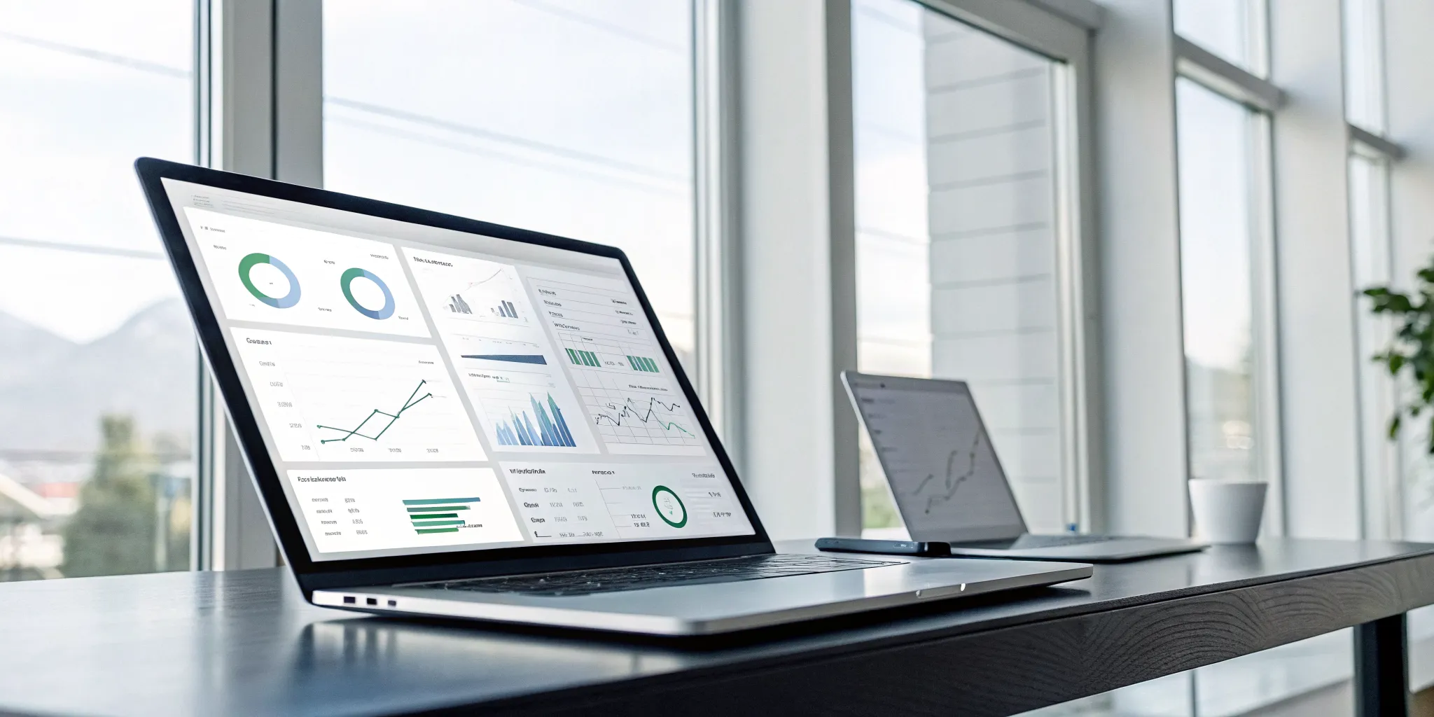 A quality management system software dashboard on a laptop tracking performance and compliance metrics.