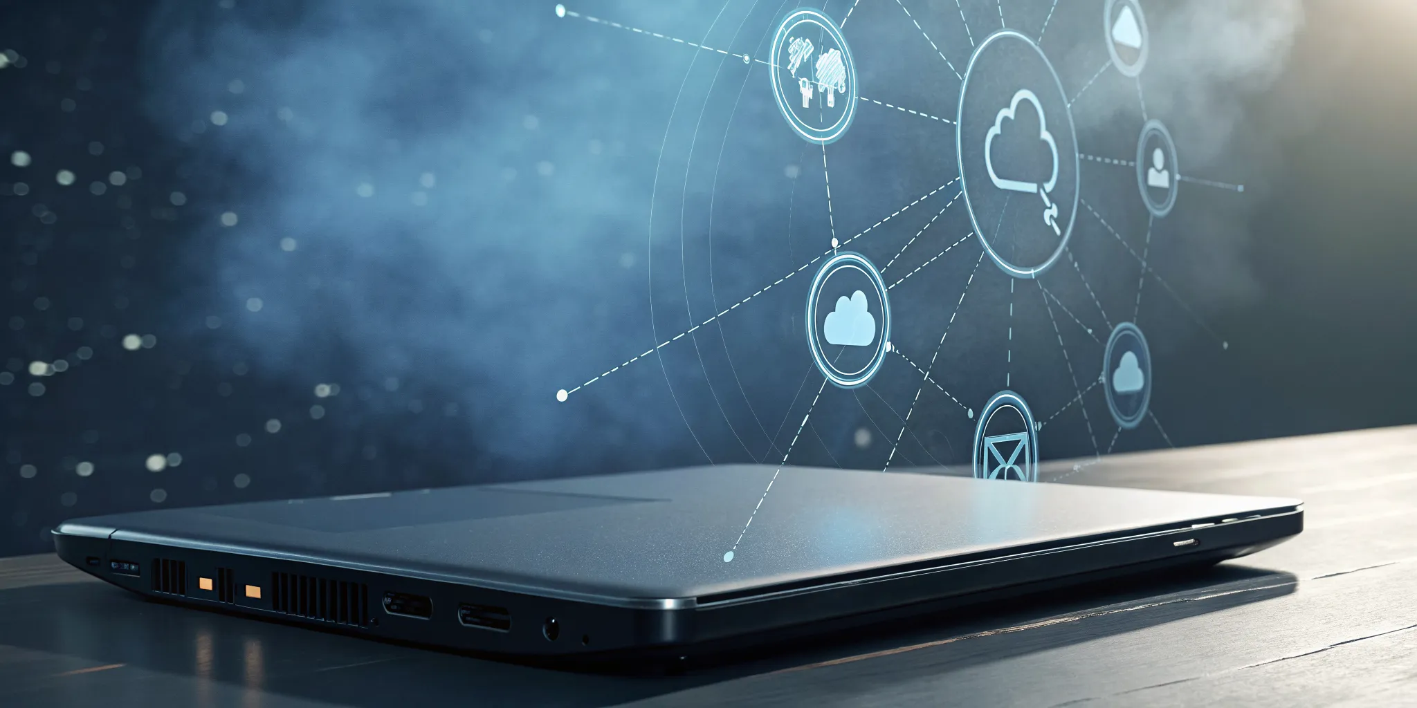 API integration examples shown with a laptop, cloud, and various service icons.