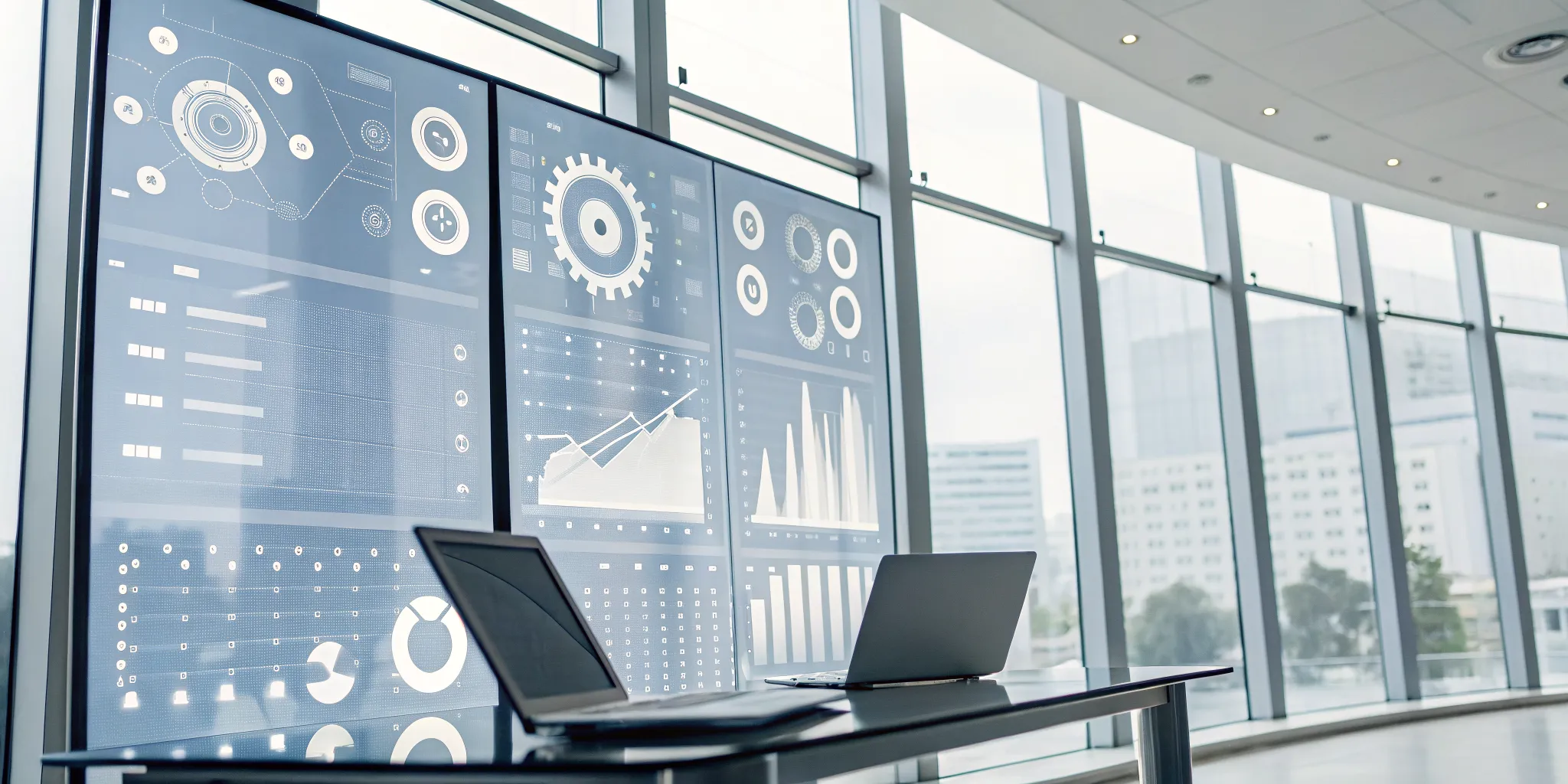 A large digital dashboard in a modern office displays data and analytics from BRMS tools.