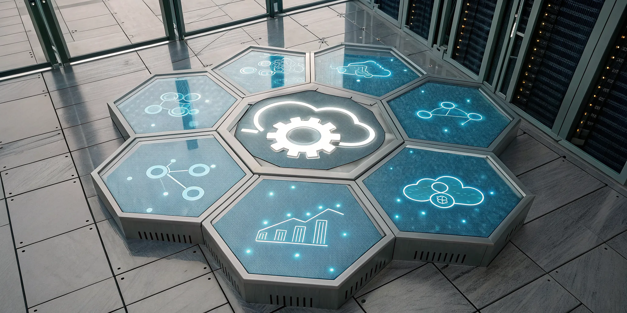 IT process automation tools with digital icons of a cloud, gears, and analytics.