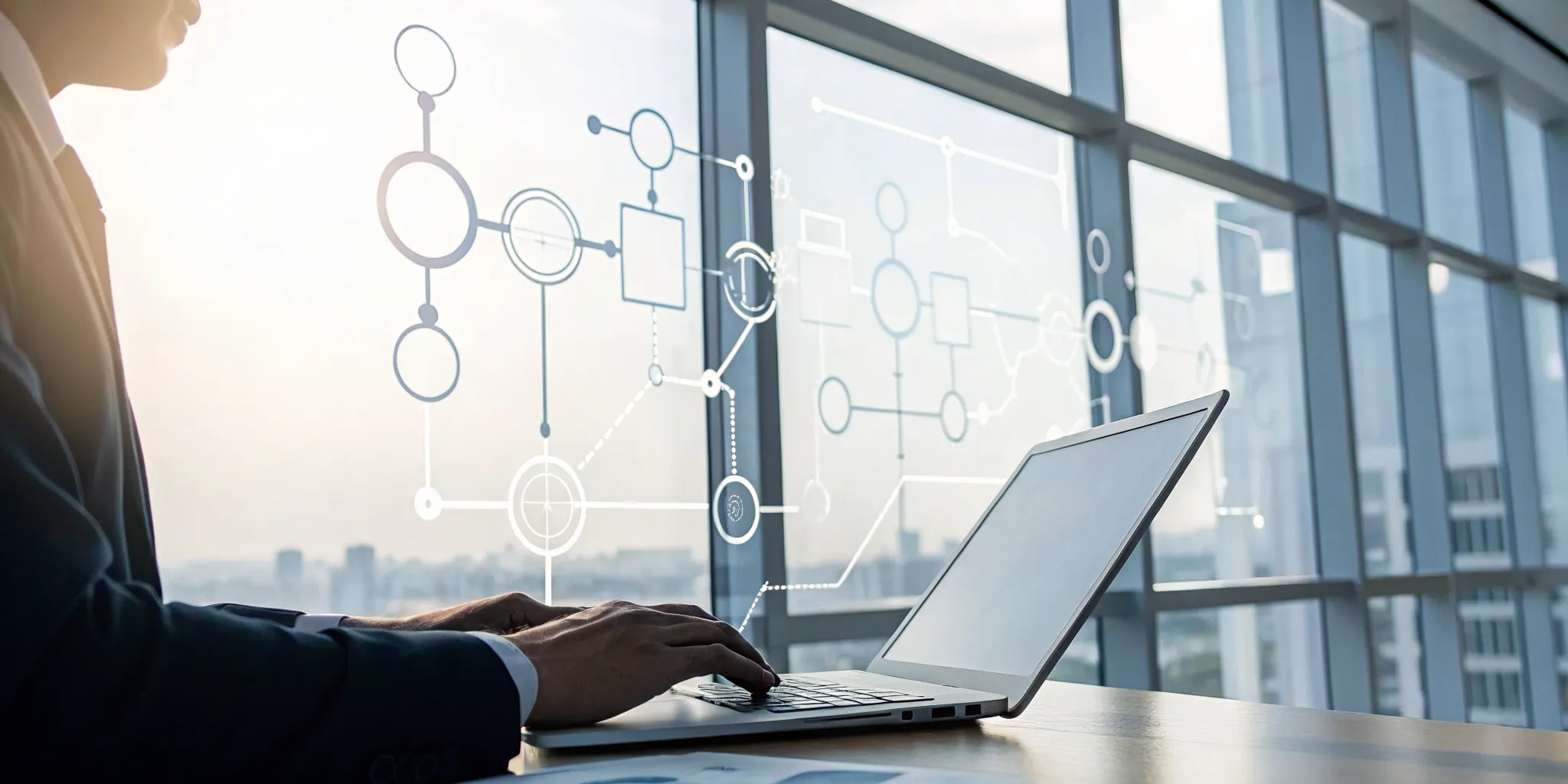 A person using workflow technology on a laptop to automate business processes.