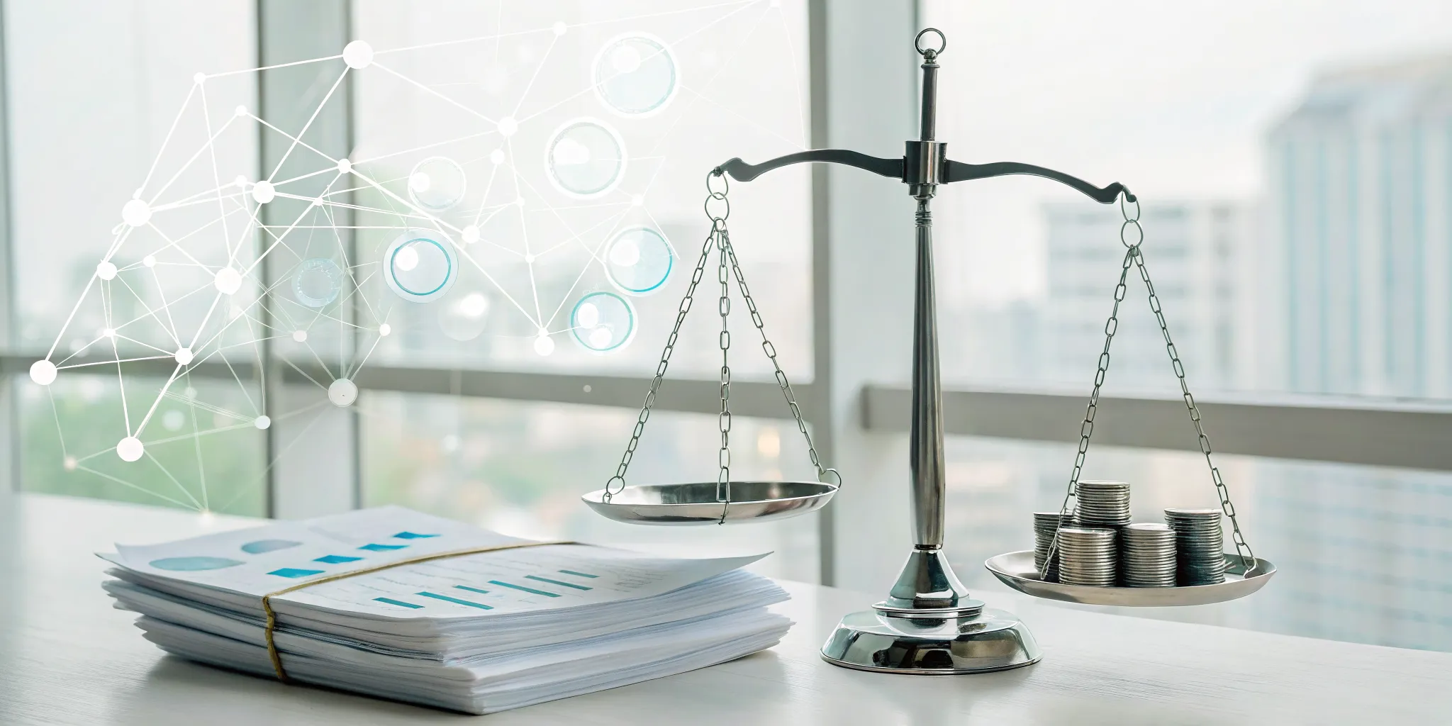 A scale balancing documents and coins to control document AI pricing.