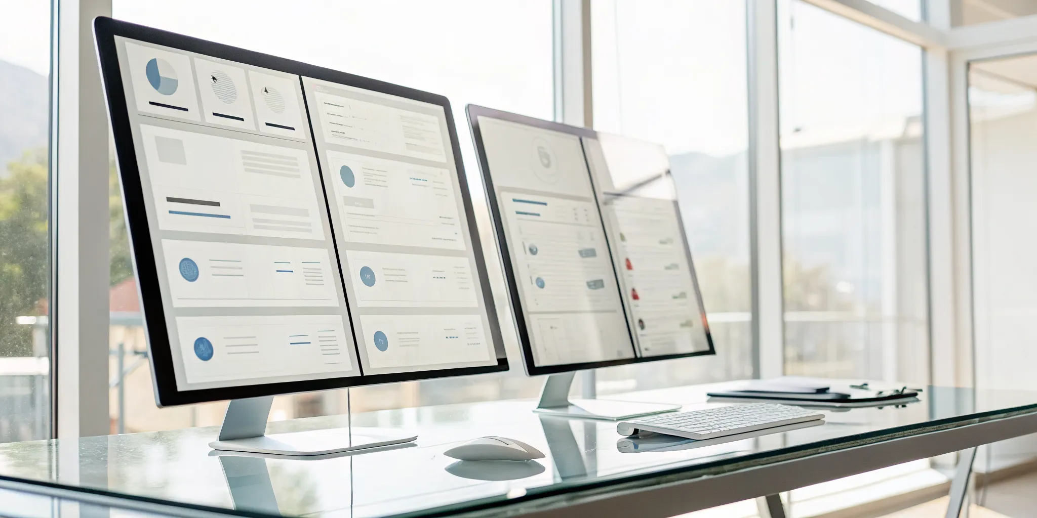 Dual monitors on a desk comparing dashboards of the best online forms.