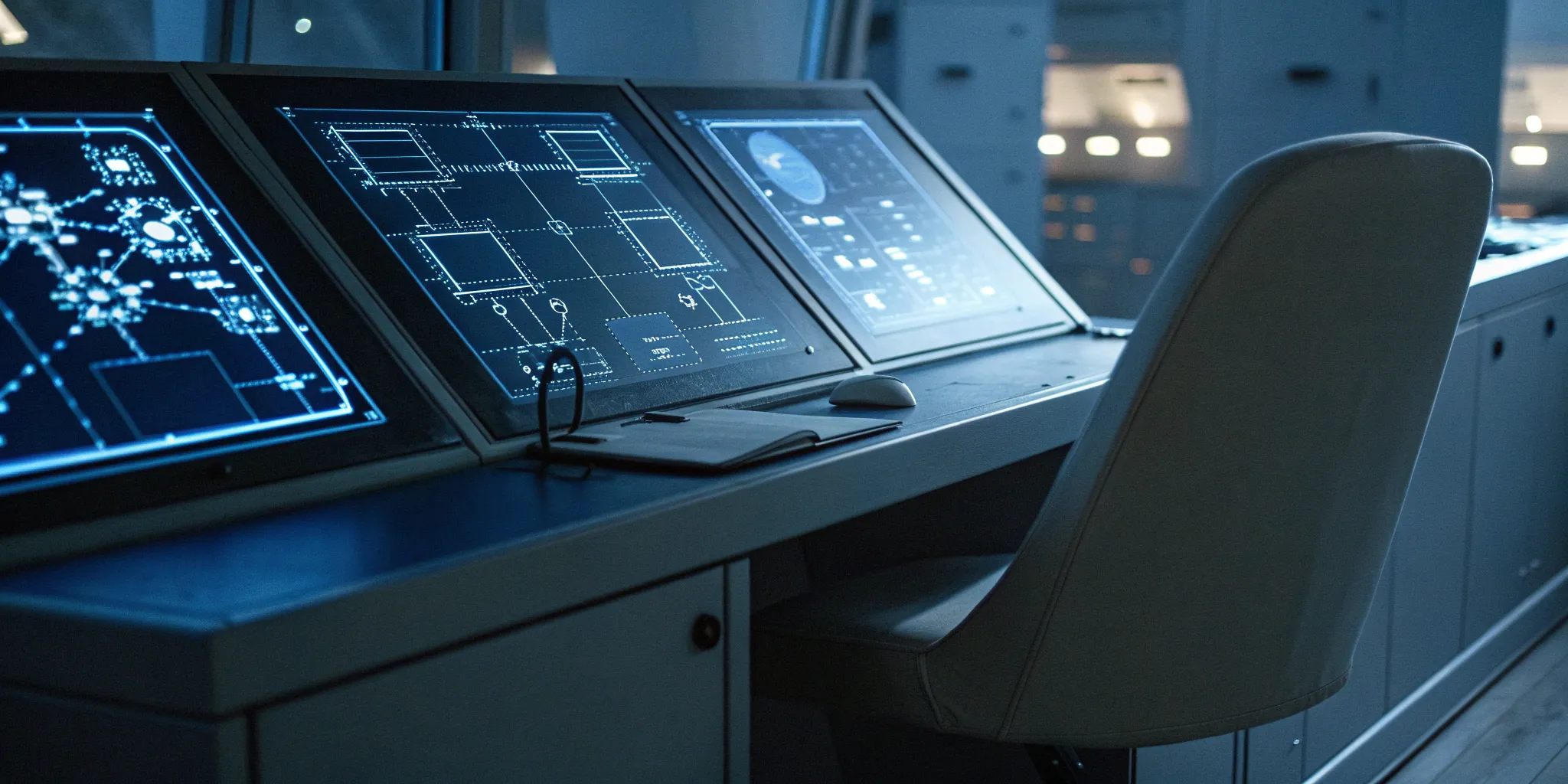 A workflow engine control panel displaying process diagrams and data flow on digital screens.
