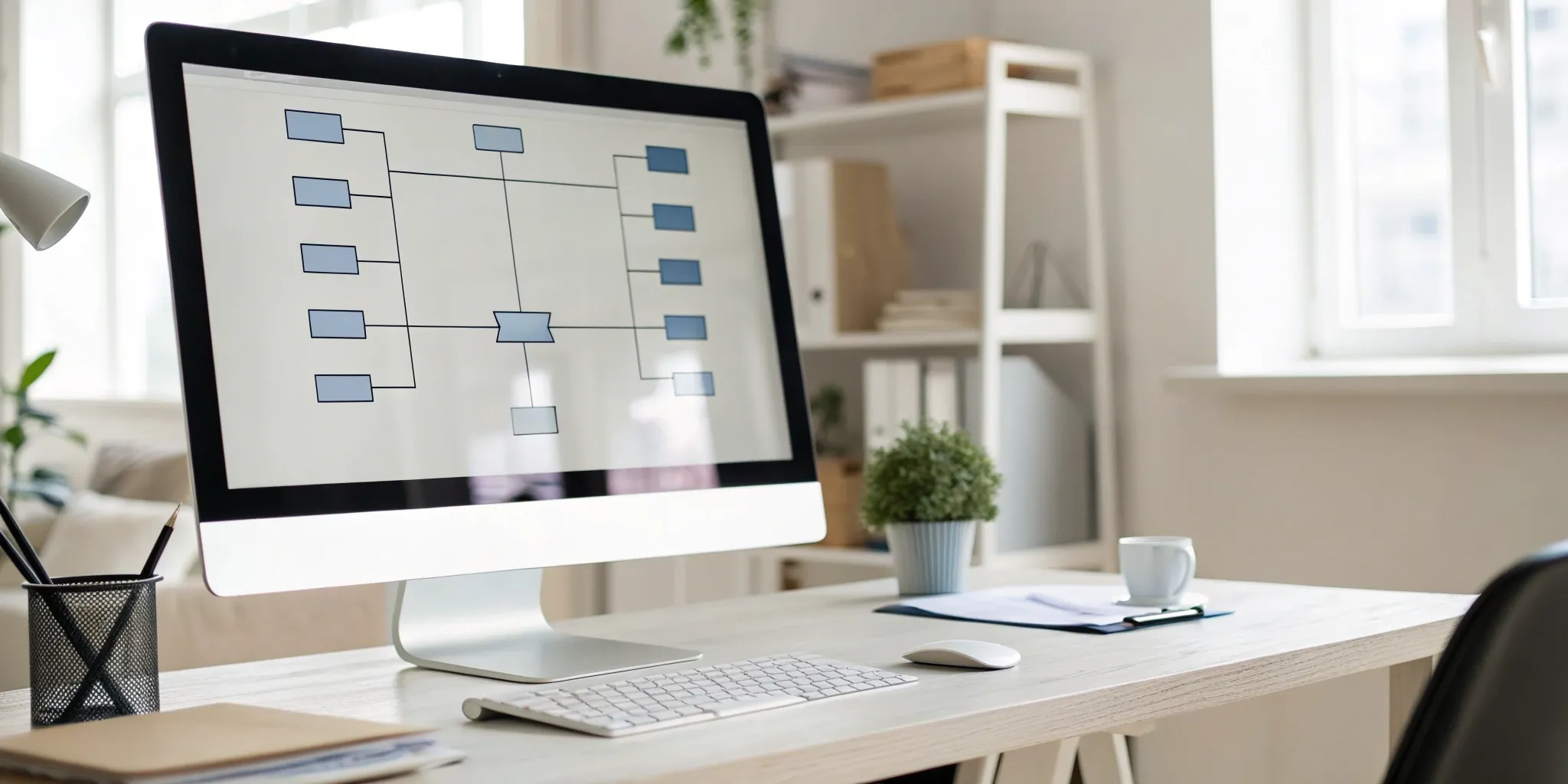 Accounting workflow management software on a computer screen with a process diagram.