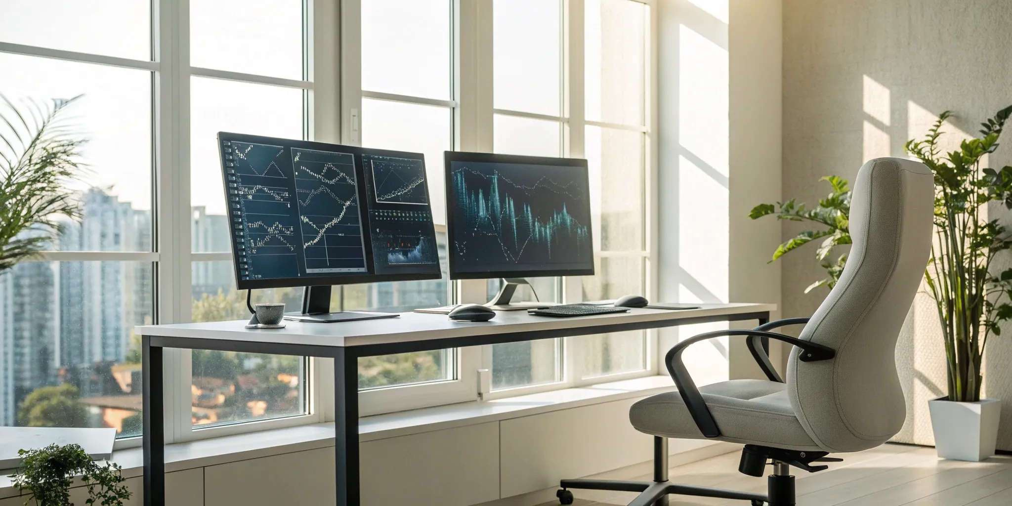 Dual monitors displaying a workflow application software dashboard with analytics in a modern office.