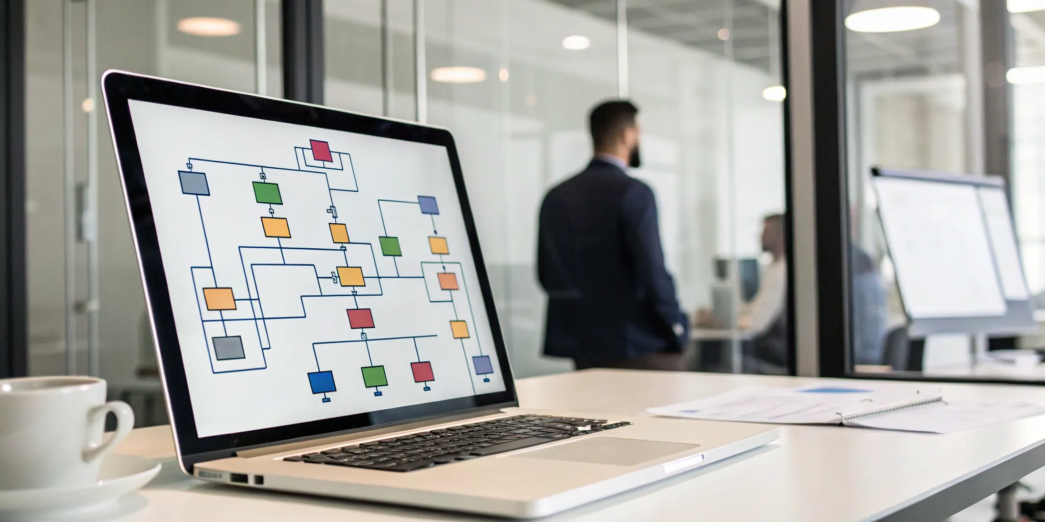 Workflow diagram generator software on a laptop showing a business process map.