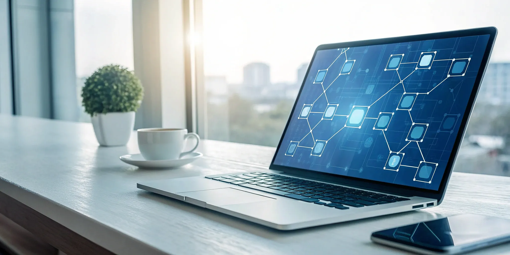 A laptop displaying a digital workflow software dashboard for managing business processes.