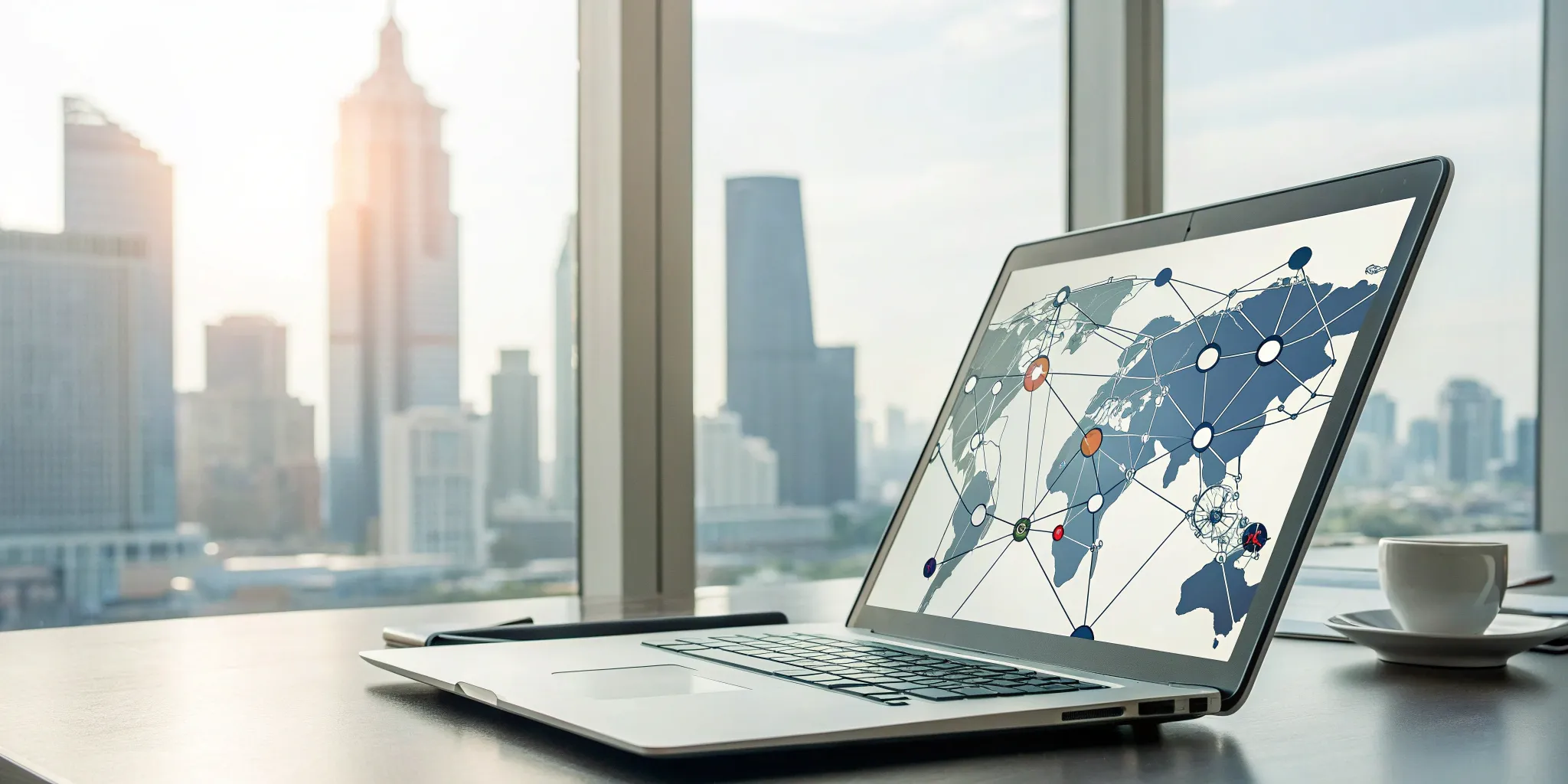 A laptop showing how the Microsoft Teams integration API connects applications across a global network.