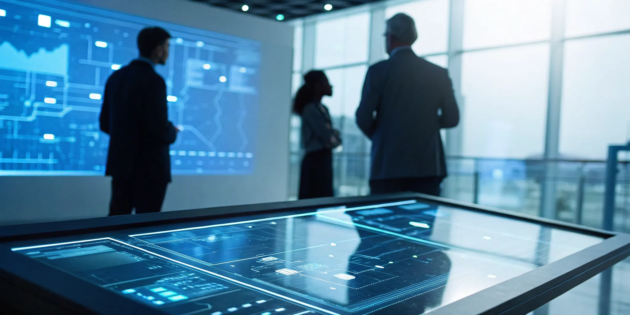Professionals using a dashboard to compare features of the top 10 business rule engines.