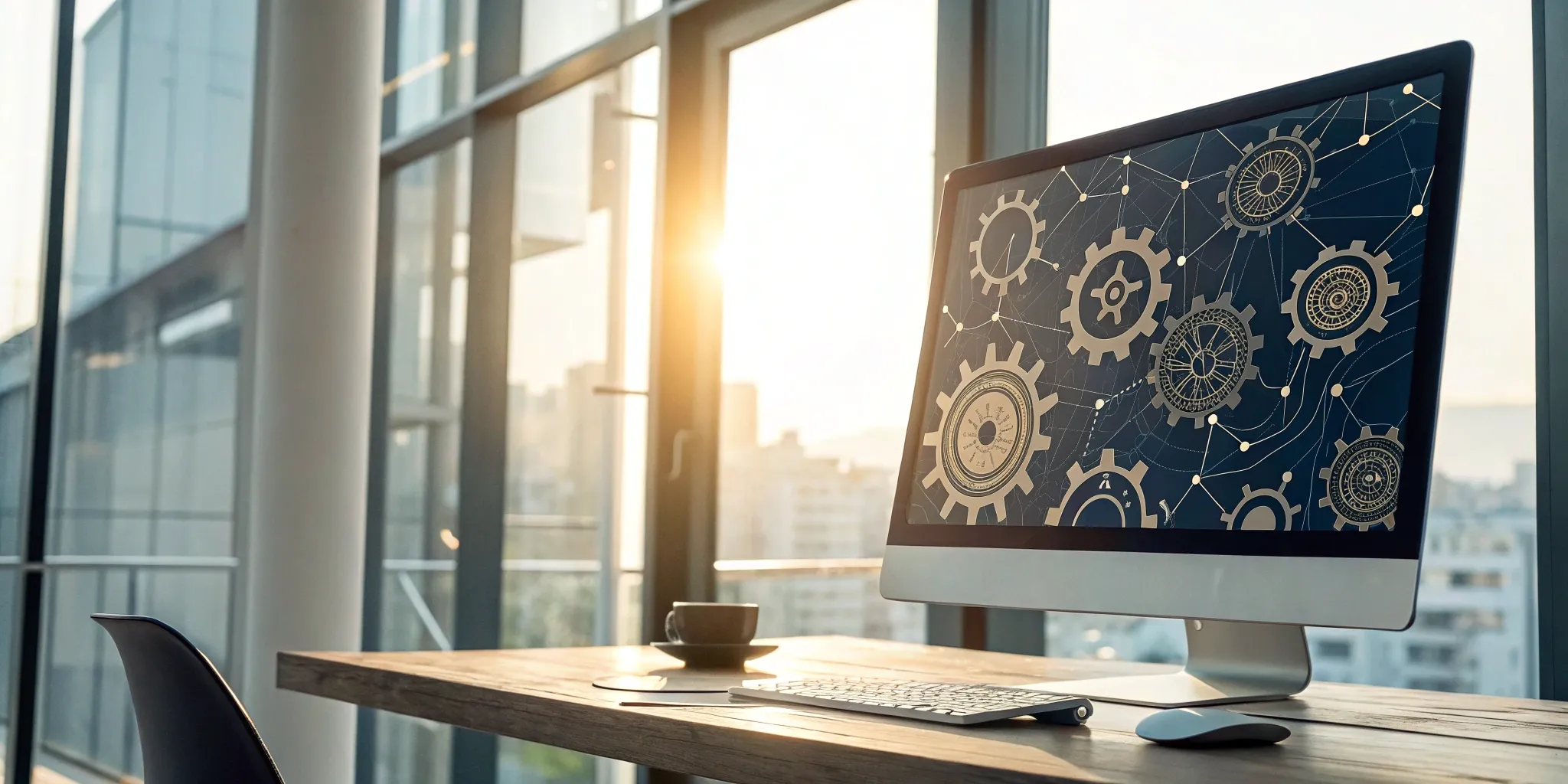 Interconnected gears on a screen showing an AI workflow automation platform for enterprise.