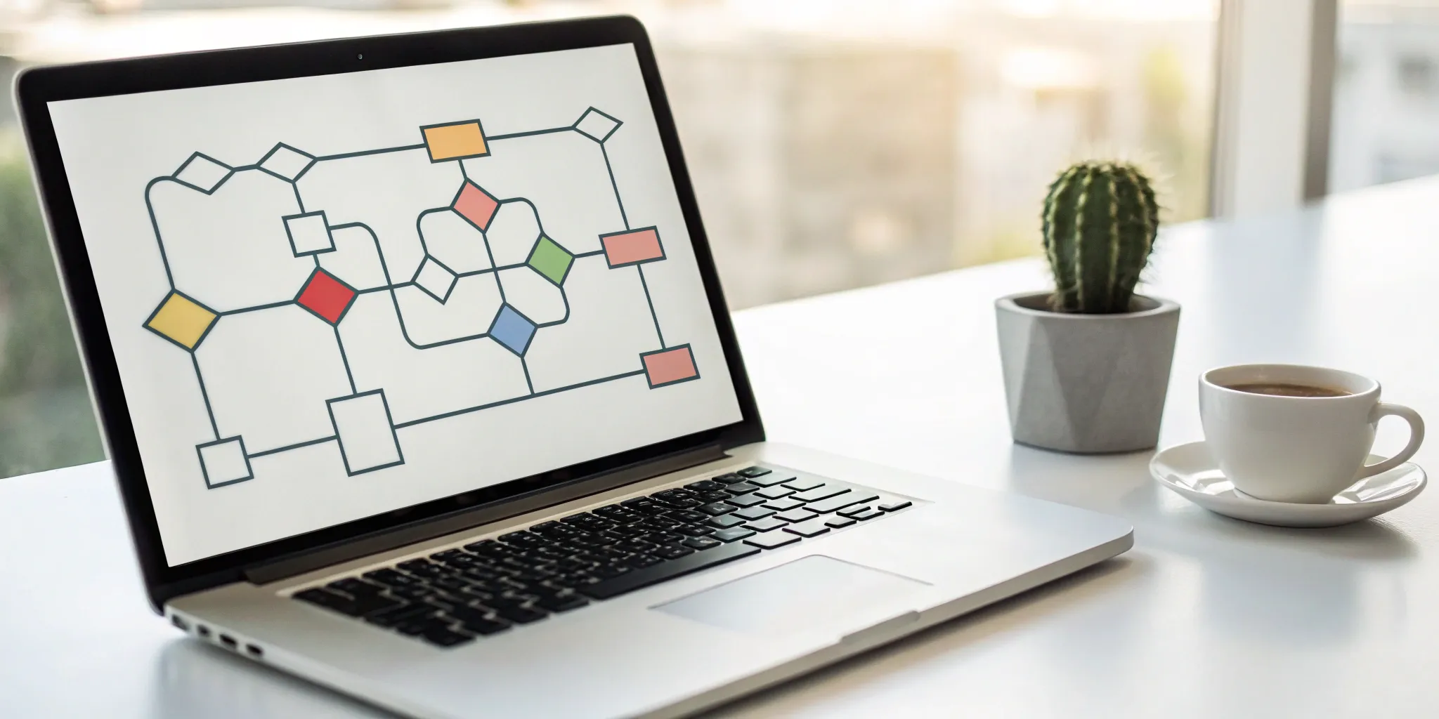 Laptop on a desk displaying a colorful user-centric workflow diagram.