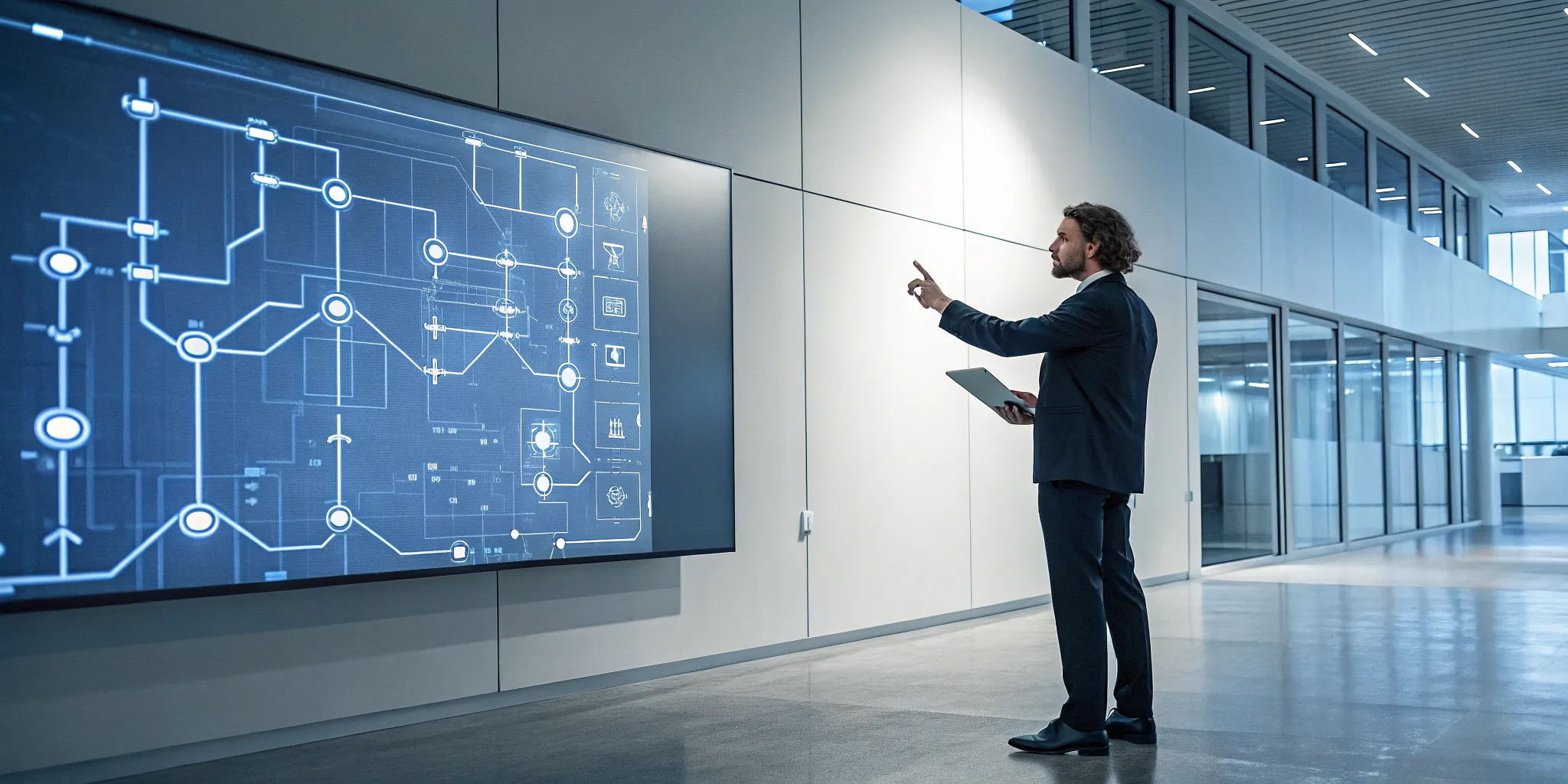 A professional managing an automated enterprise workflow on a digital screen.