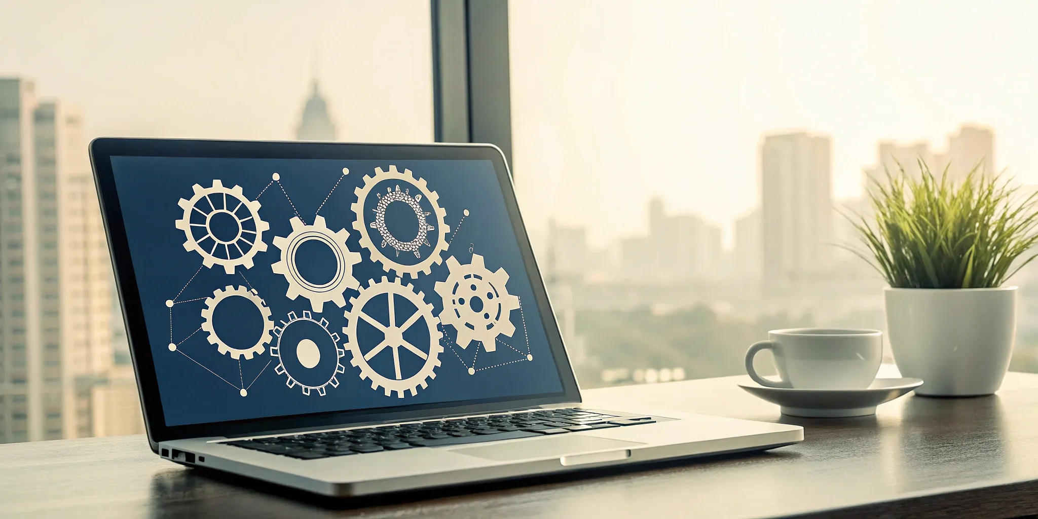 Laptop on a desk displaying a forms workflow automation process visualized as interconnected gears.