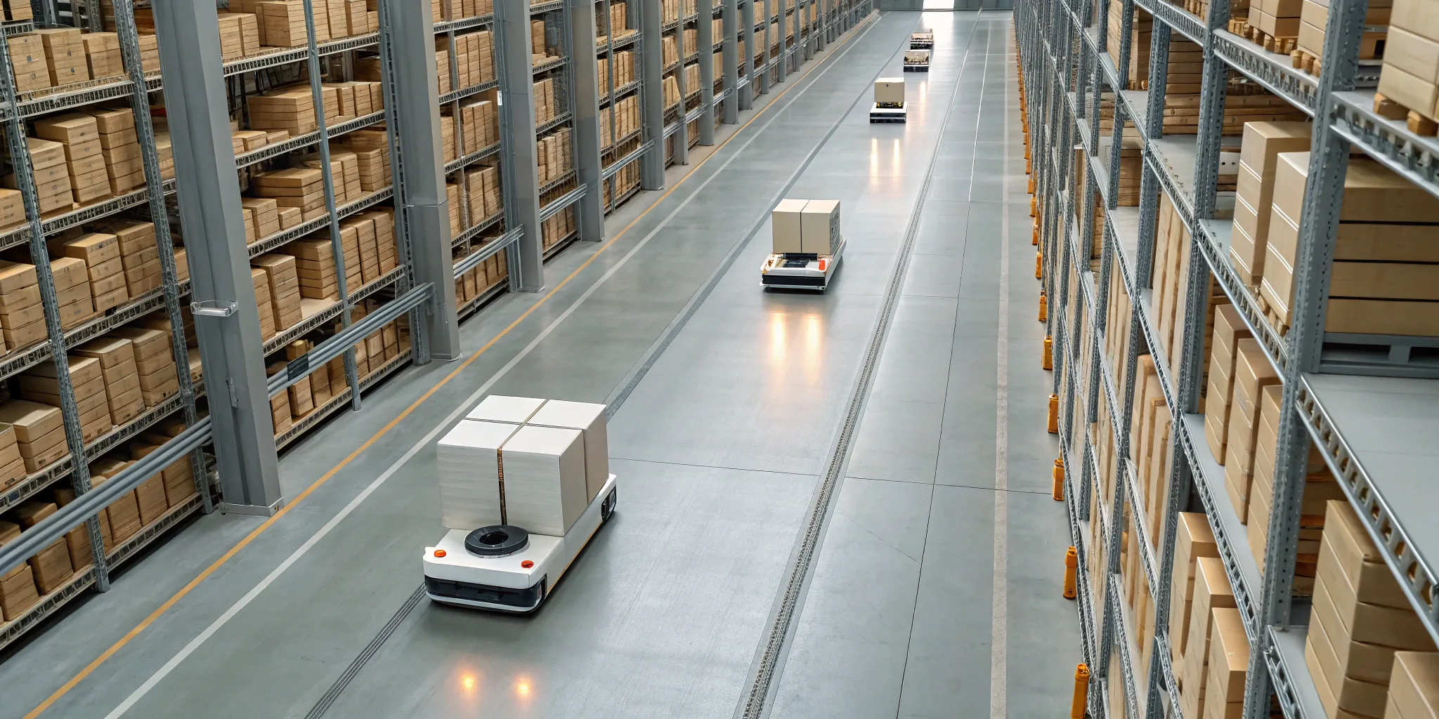 Warehouse robots moving packages as part of an automated logistics process.