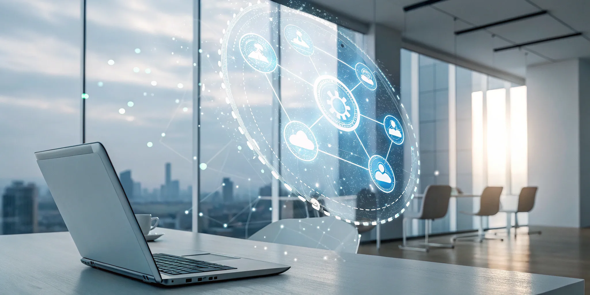 Laptop displaying an AI-powered business process automation interface with workflow and data analytics icons.