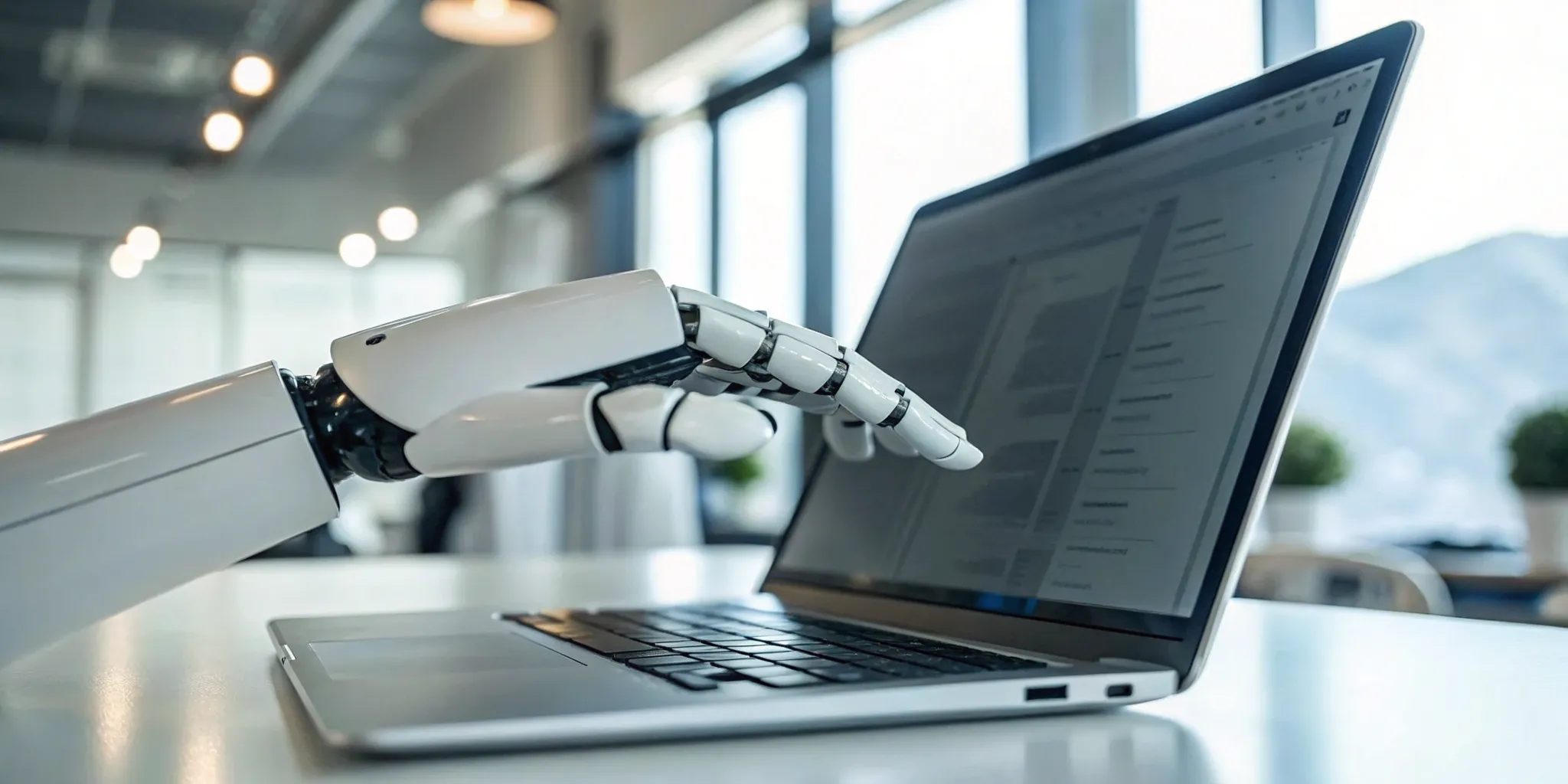 Robot hand typing on a laptop to automate form data entry.