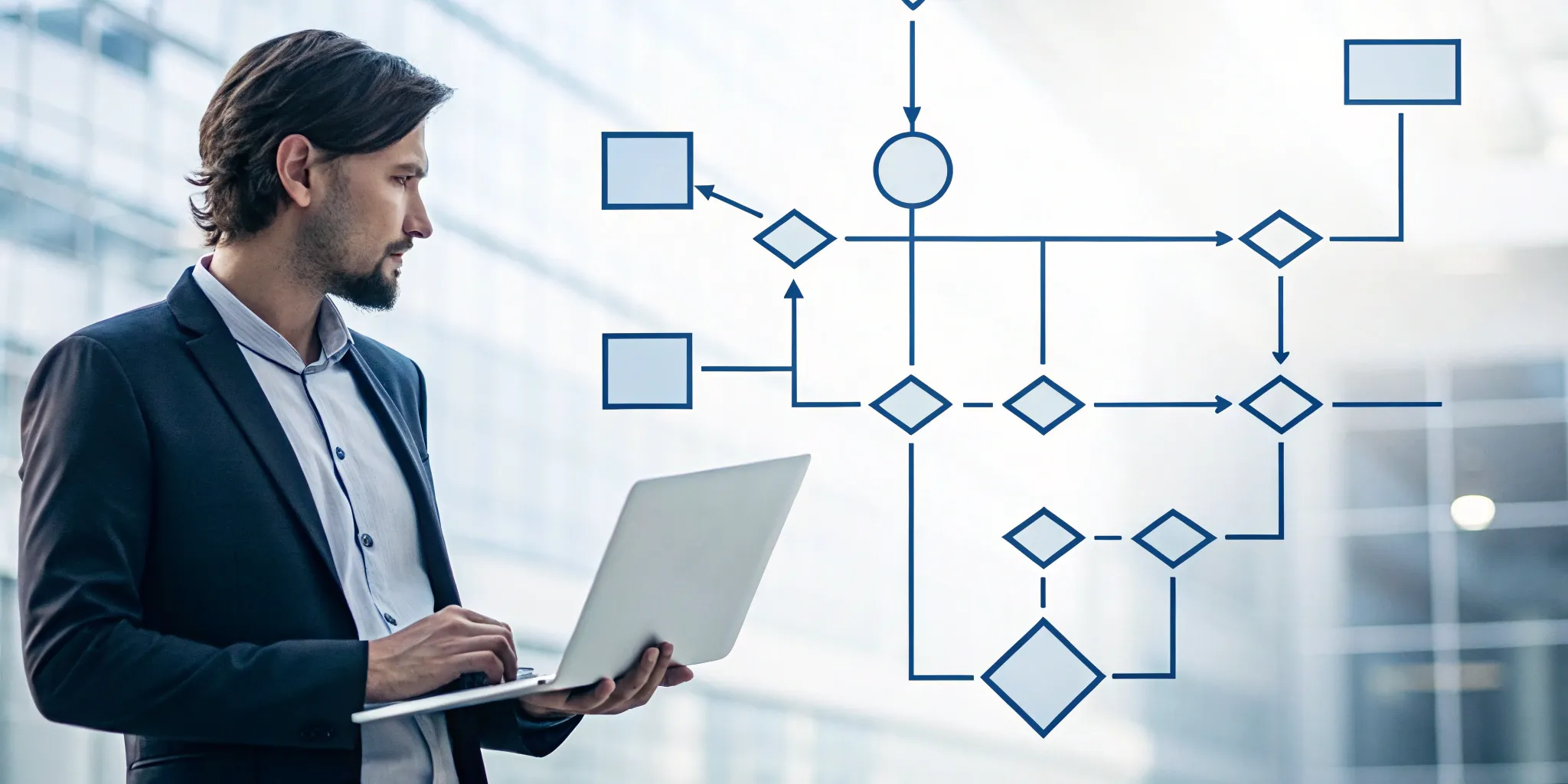 Business professional using a laptop with an automated accounting process workflow diagram.