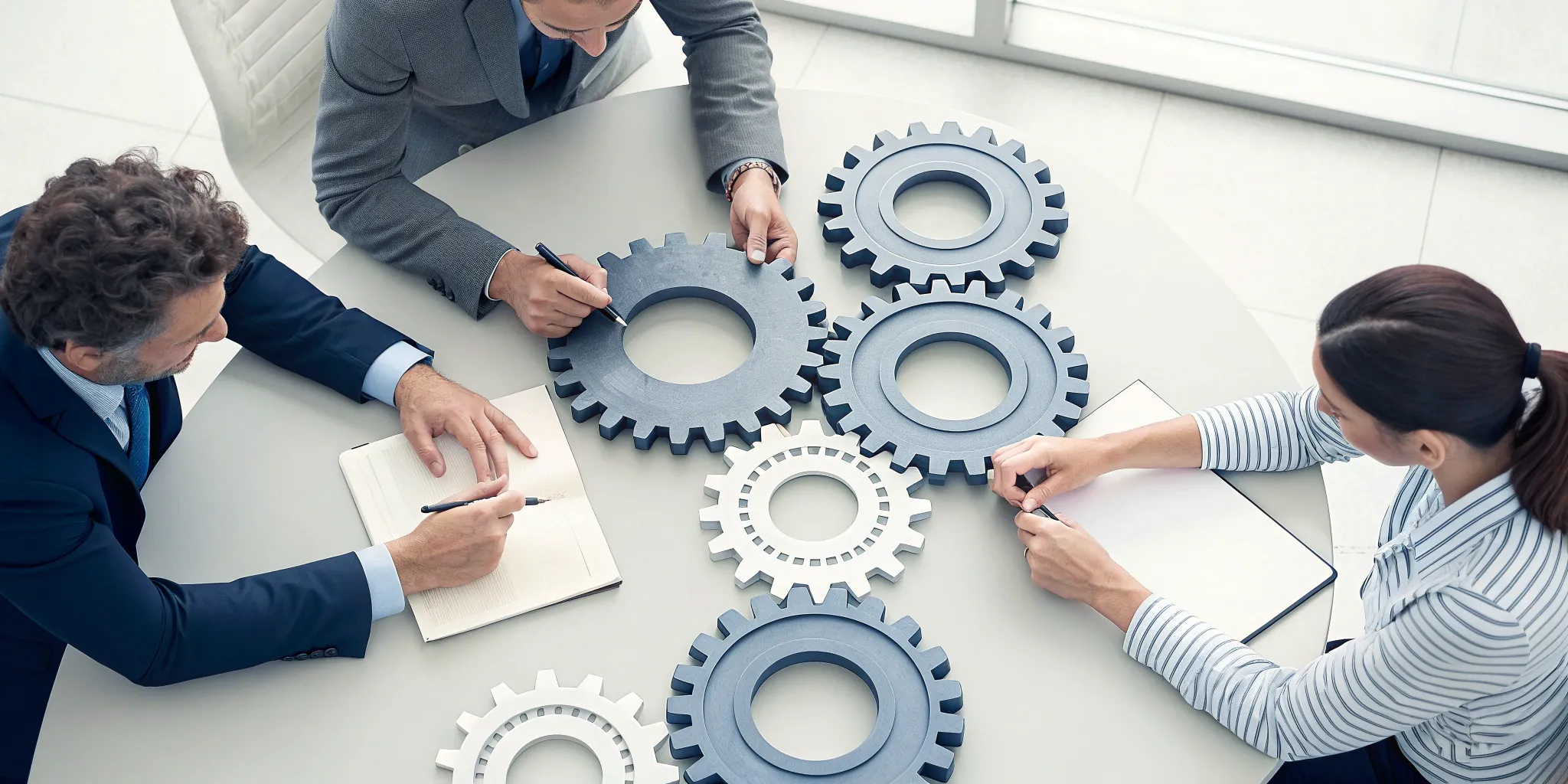 Team collaboration with gear icons highlighting the benefits of a graphical process editor.