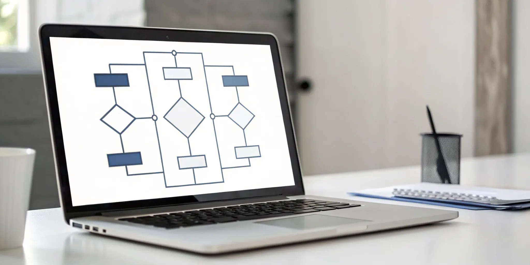 A decision rules flowchart on a laptop for simplifying business automation.