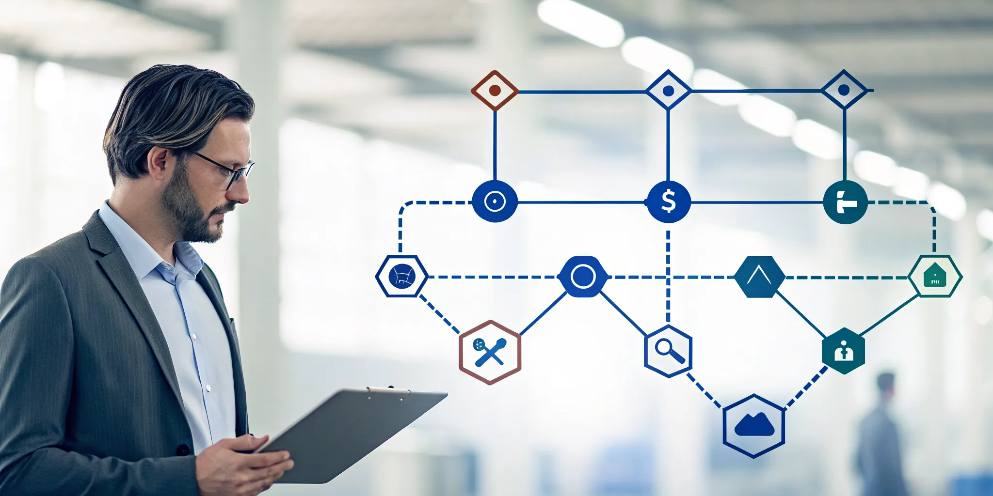 A man reviewing the 7-step procurement workflow on a digital screen with icons.