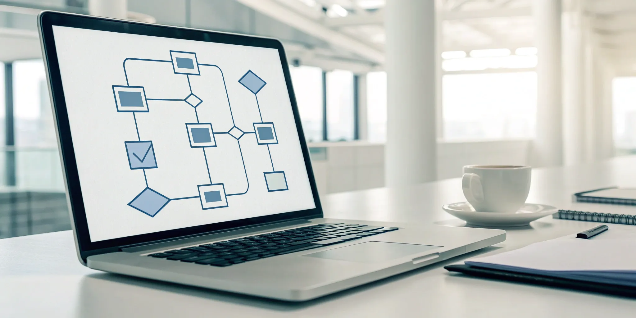 A no-code business process automation workflow being designed on a laptop.