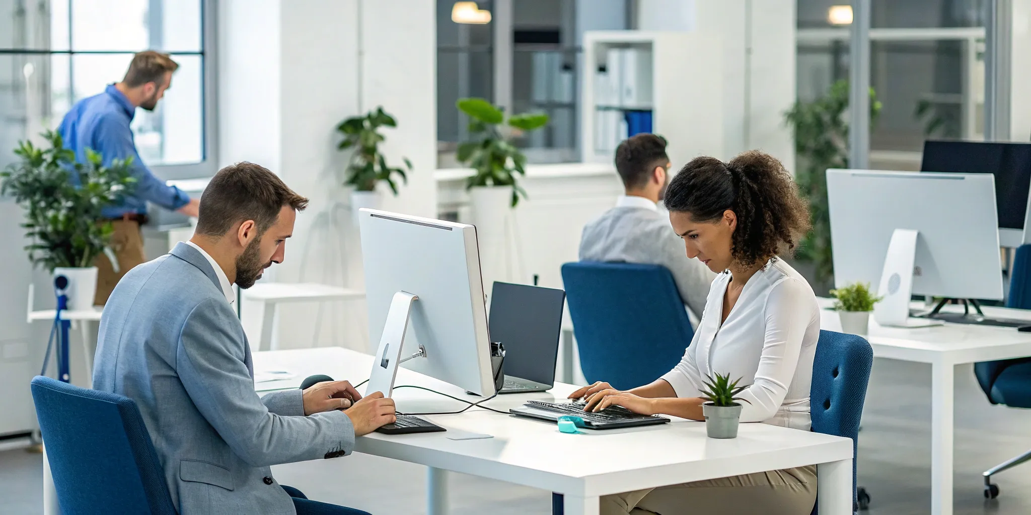 A business team using intelligent process automation software in a modern office.