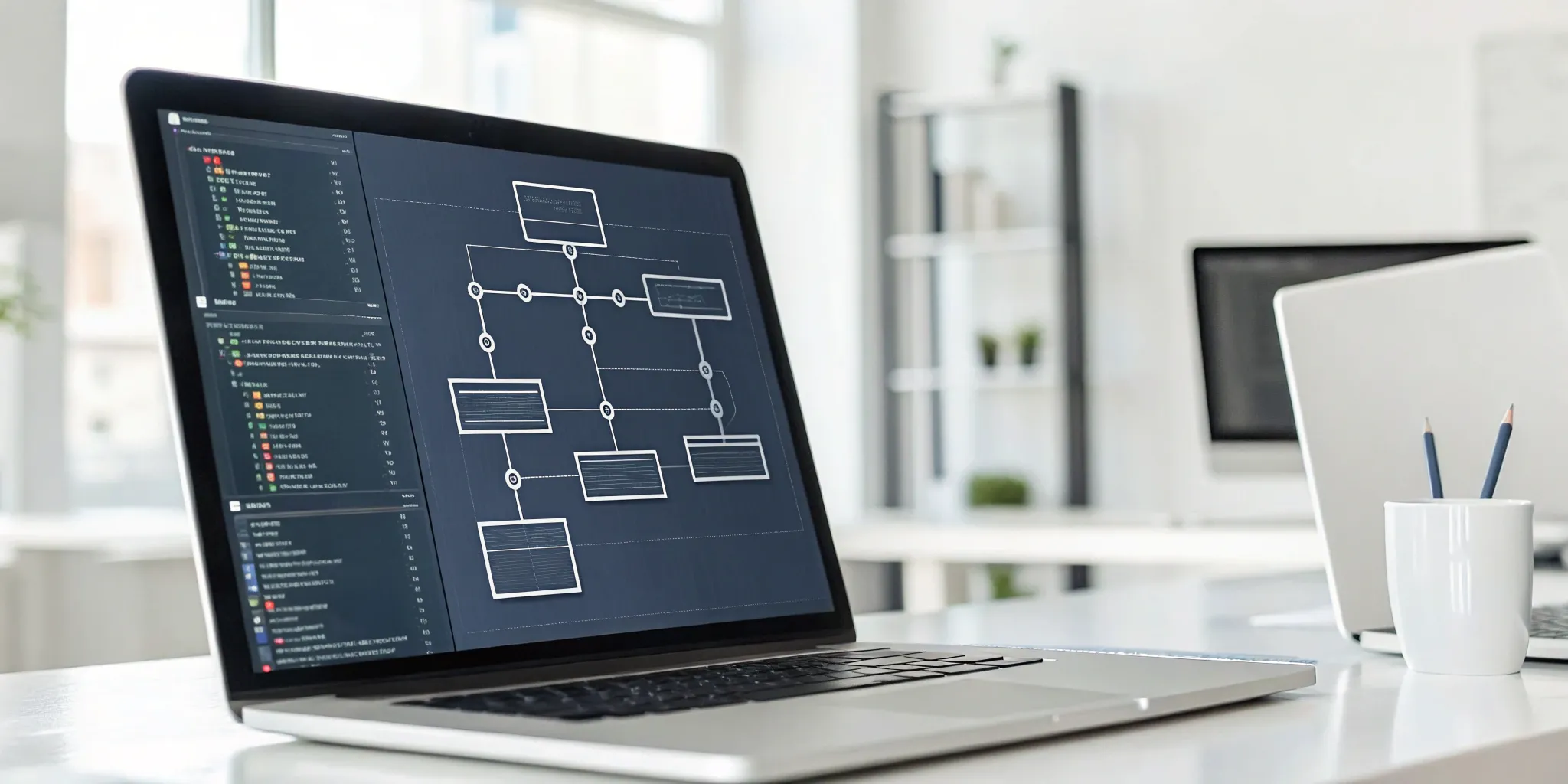 A visual workflow being built on a laptop with a .NET API to automate business processes.