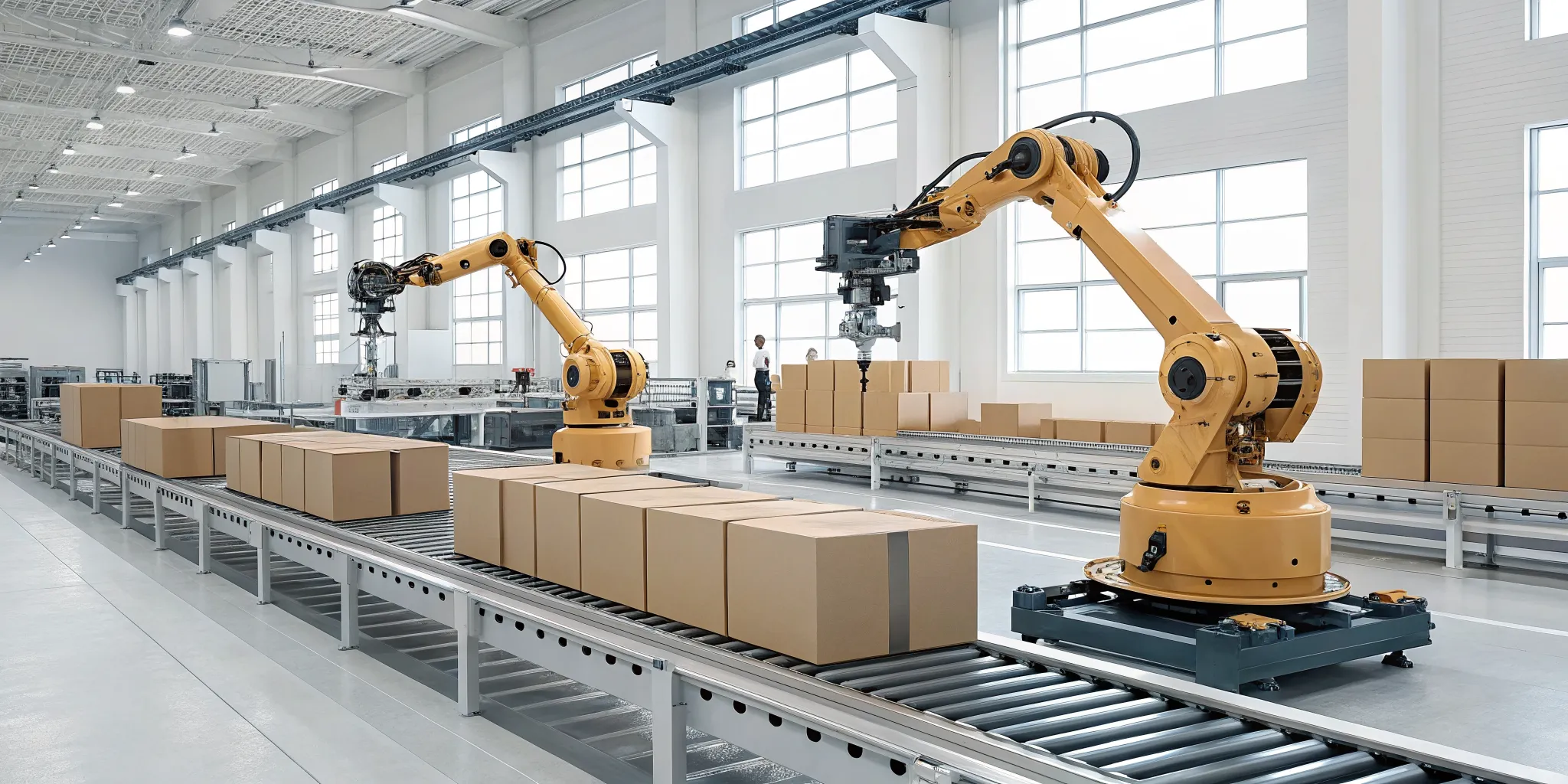 Automated shipping workflow with robotic arms sorting packages on a conveyor belt.