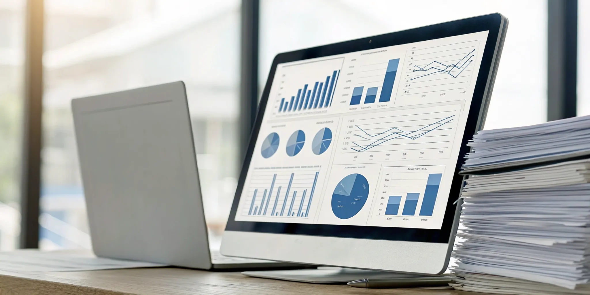 Data charts on a computer screen showing business insights from intelligent automation.