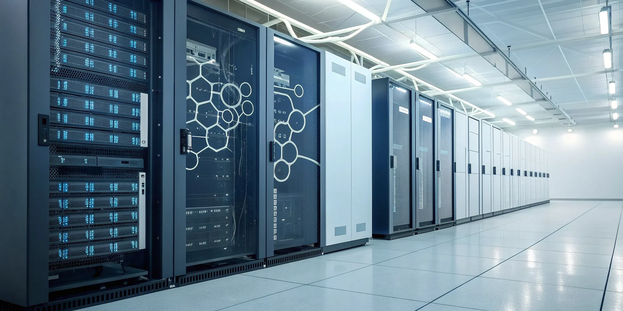 Server racks in a data center running a distributed process automation system.