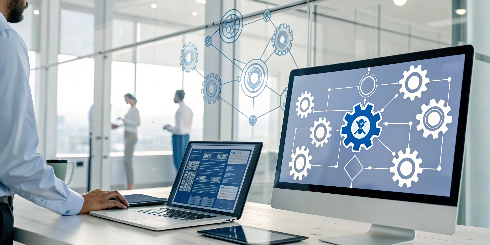 Gears on a computer screen representing RPA and workflow automation working together.