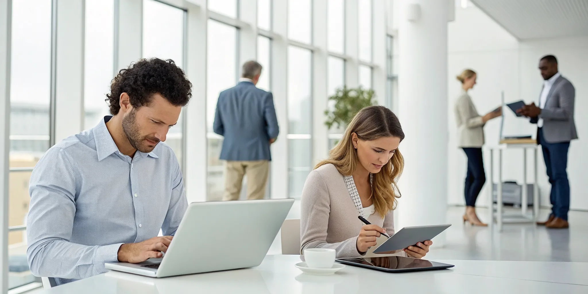 A team collaborating in an office using cloud BPM software on laptops and tablets.