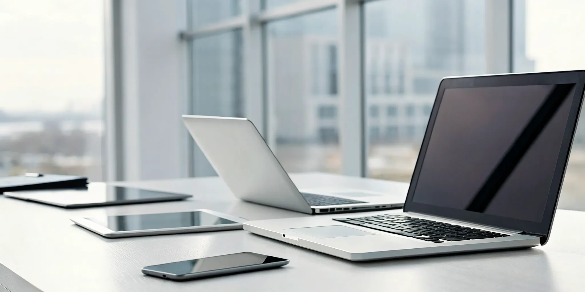 A modern office desk with devices for managing processes using white label BPM software.