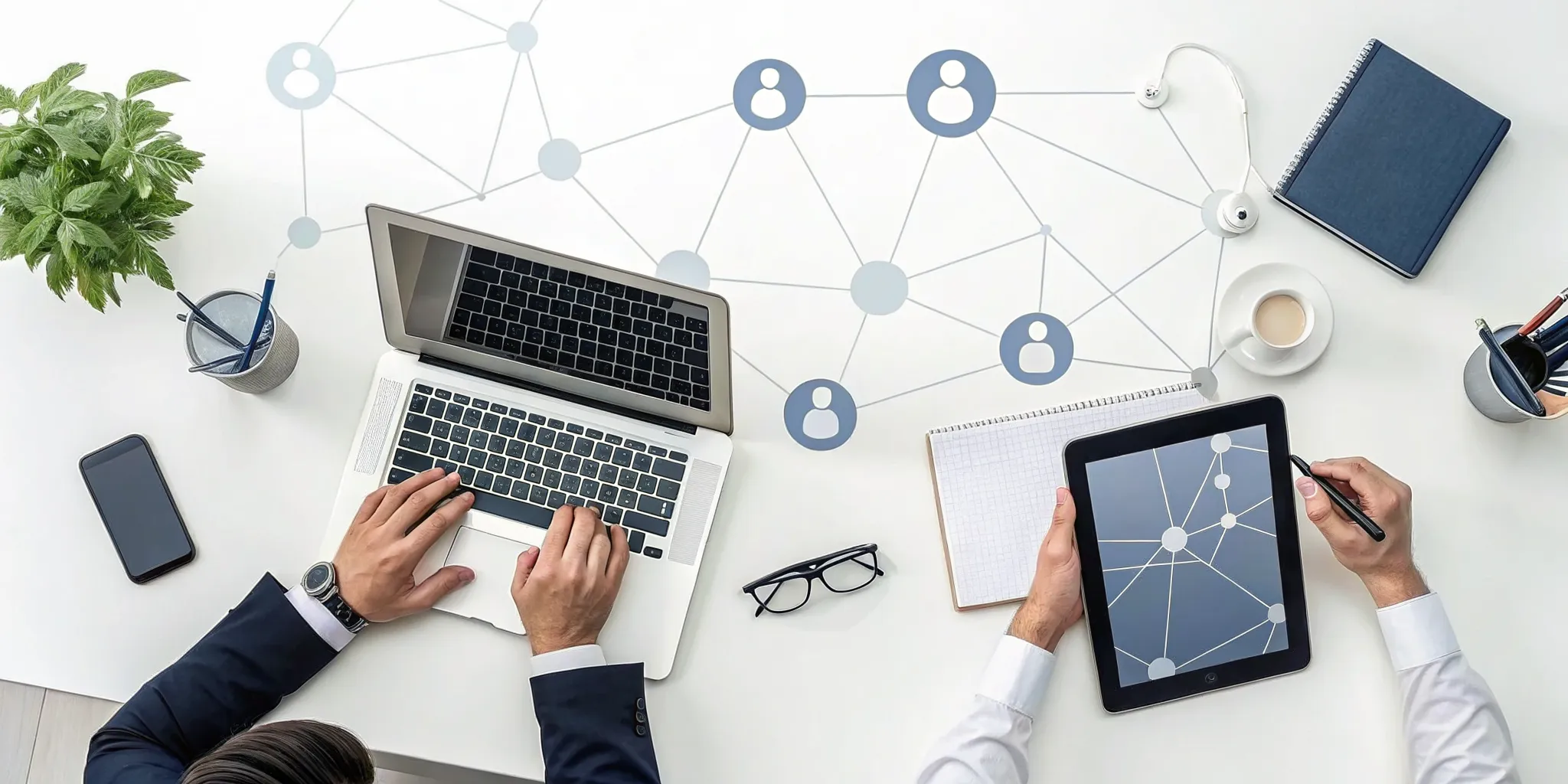 Business professionals using an HR workflow automation system on laptops and tablets.
