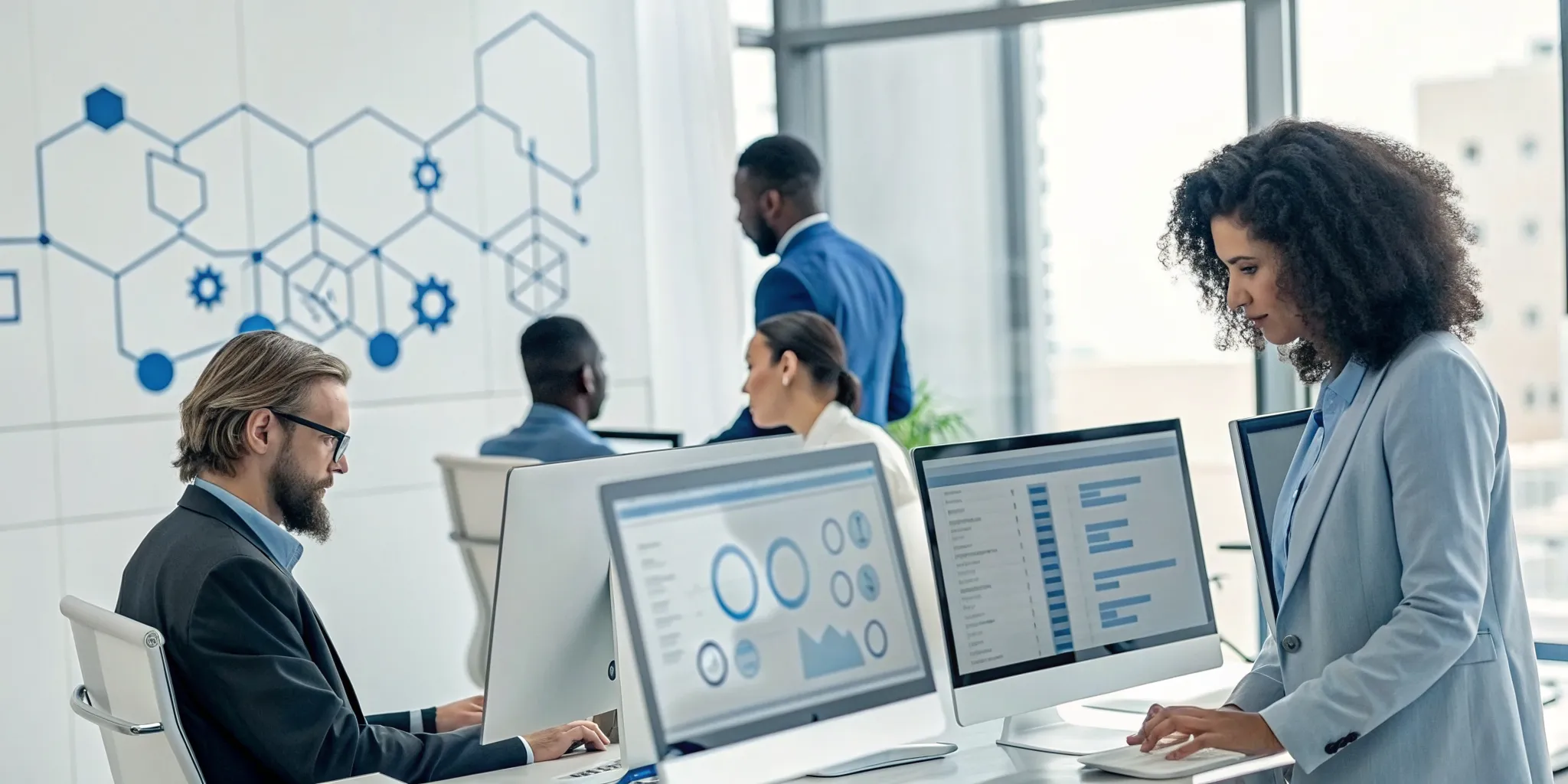 A team using HR process automation software in a modern office.