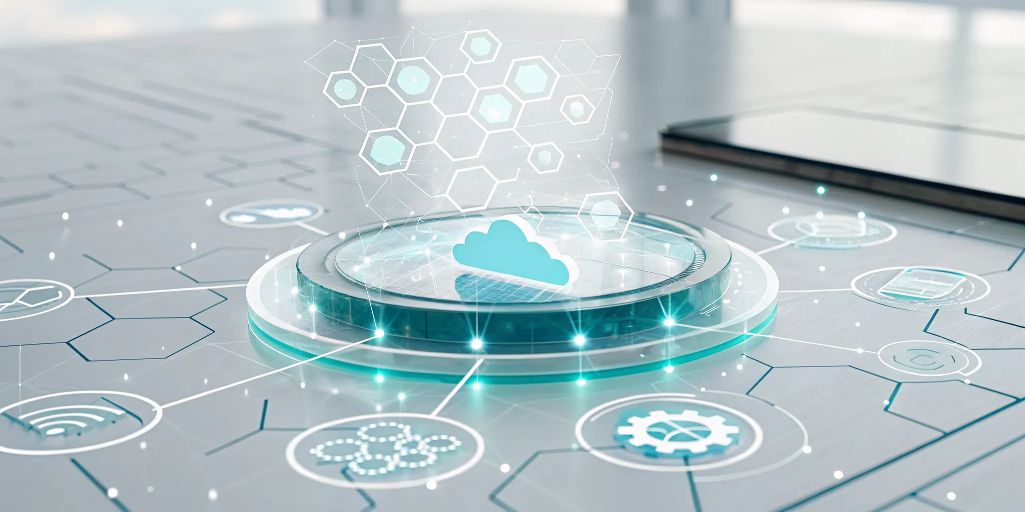 An Enterprise Service Bus connecting different enterprise applications and services through a central hub.