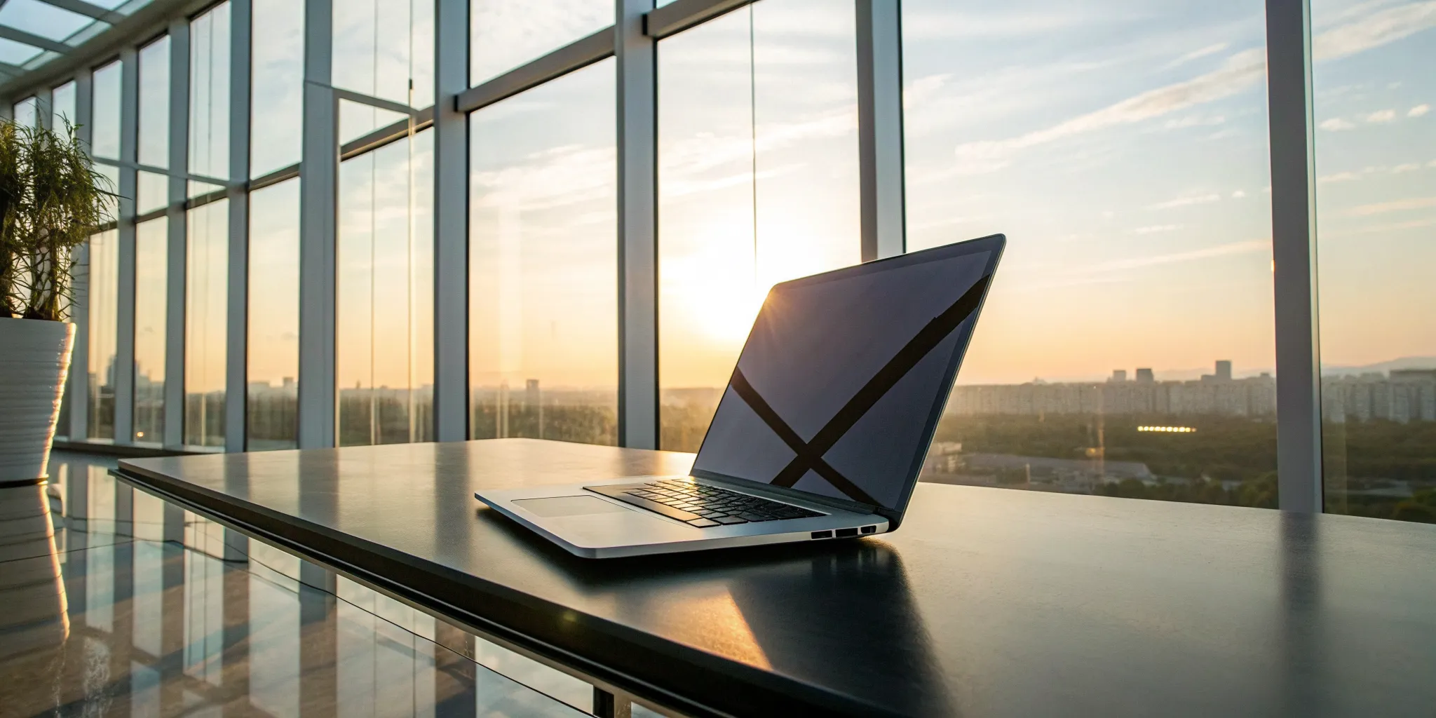 Laptop in an office at sunrise, signaling a business transformation powered by software.