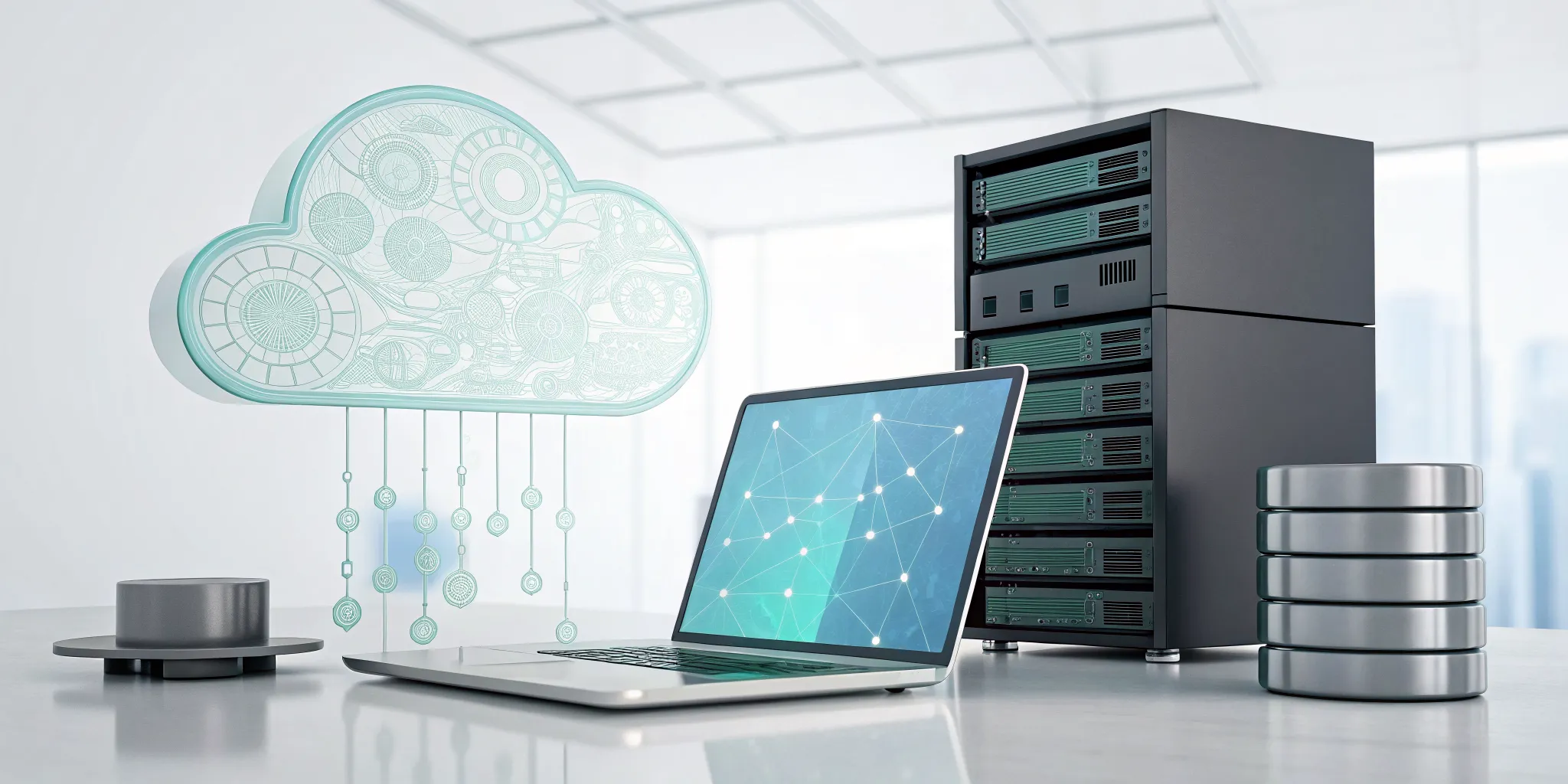 A cloud workflow diagram with a laptop, server, and database connected through the cloud.