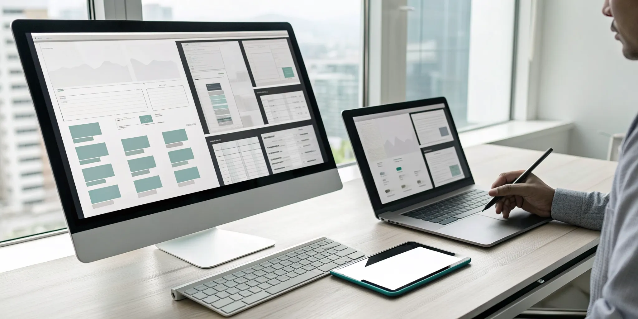 A designer uses a drag-and-drop HTML5 forms designer on a tablet and dual monitors.