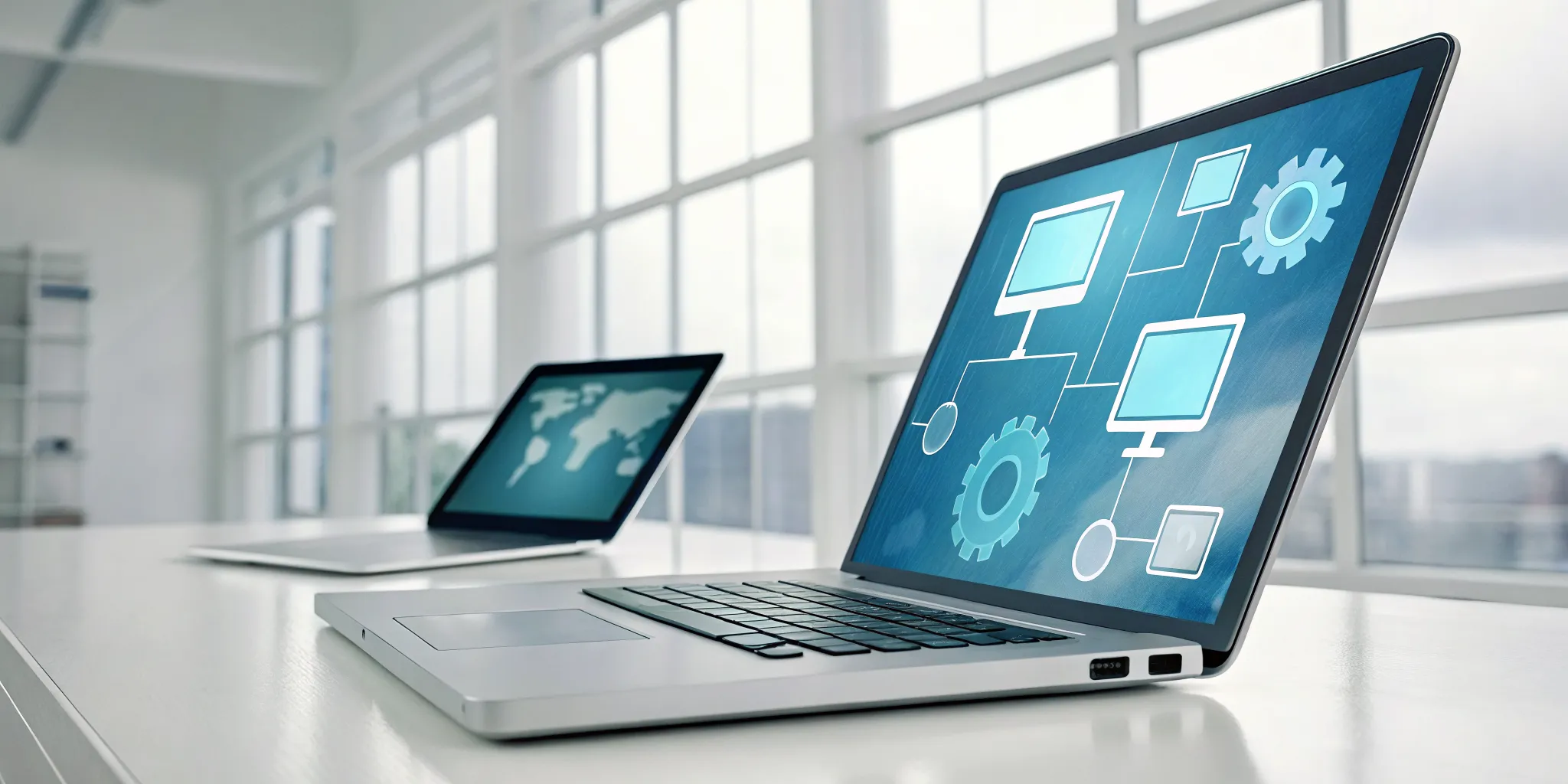 Laptops displaying integration diagrams for an embeddable Microsoft workflow.