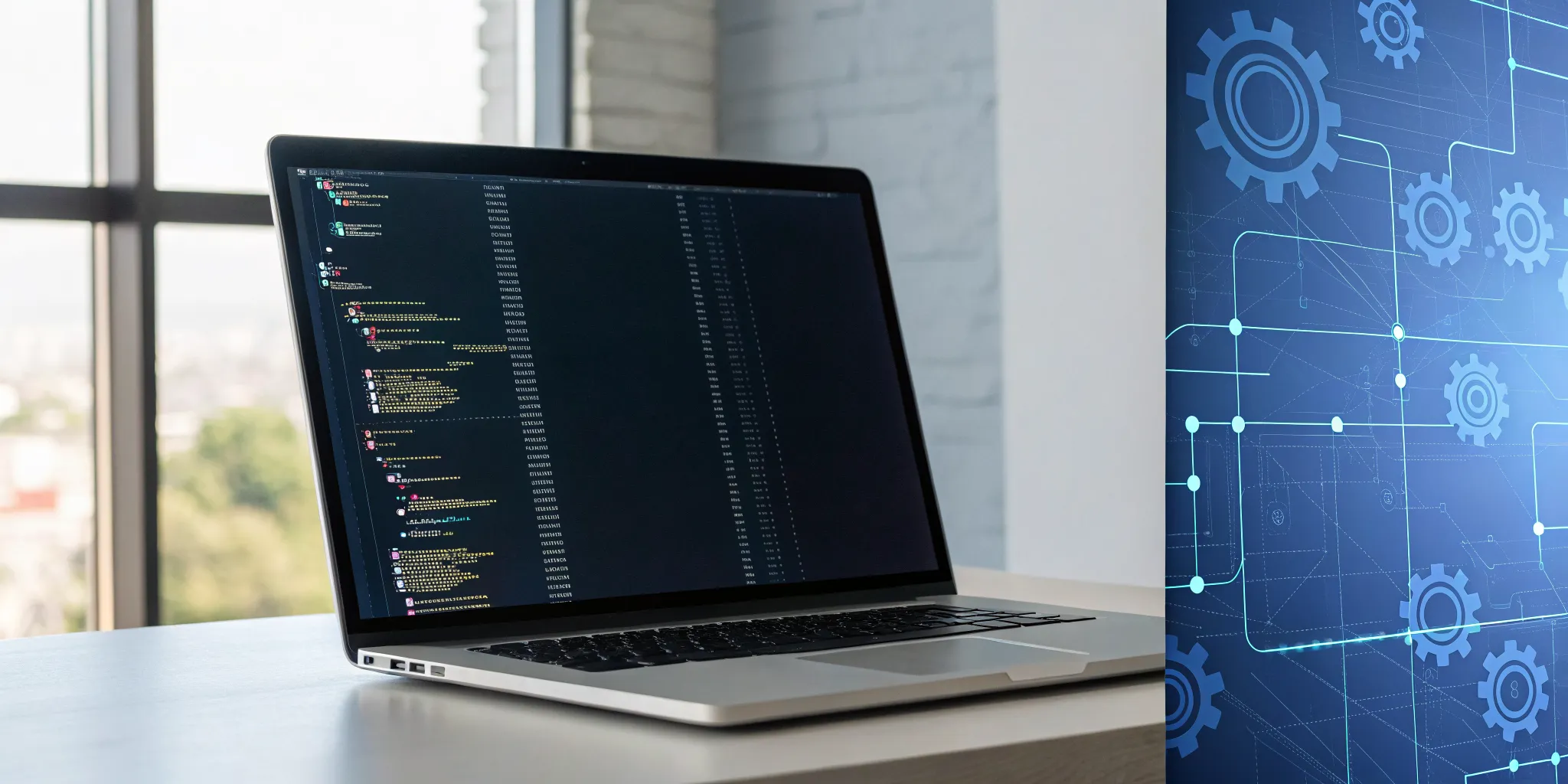 Laptop with a code editor and digital gears for low-code/no-code development.