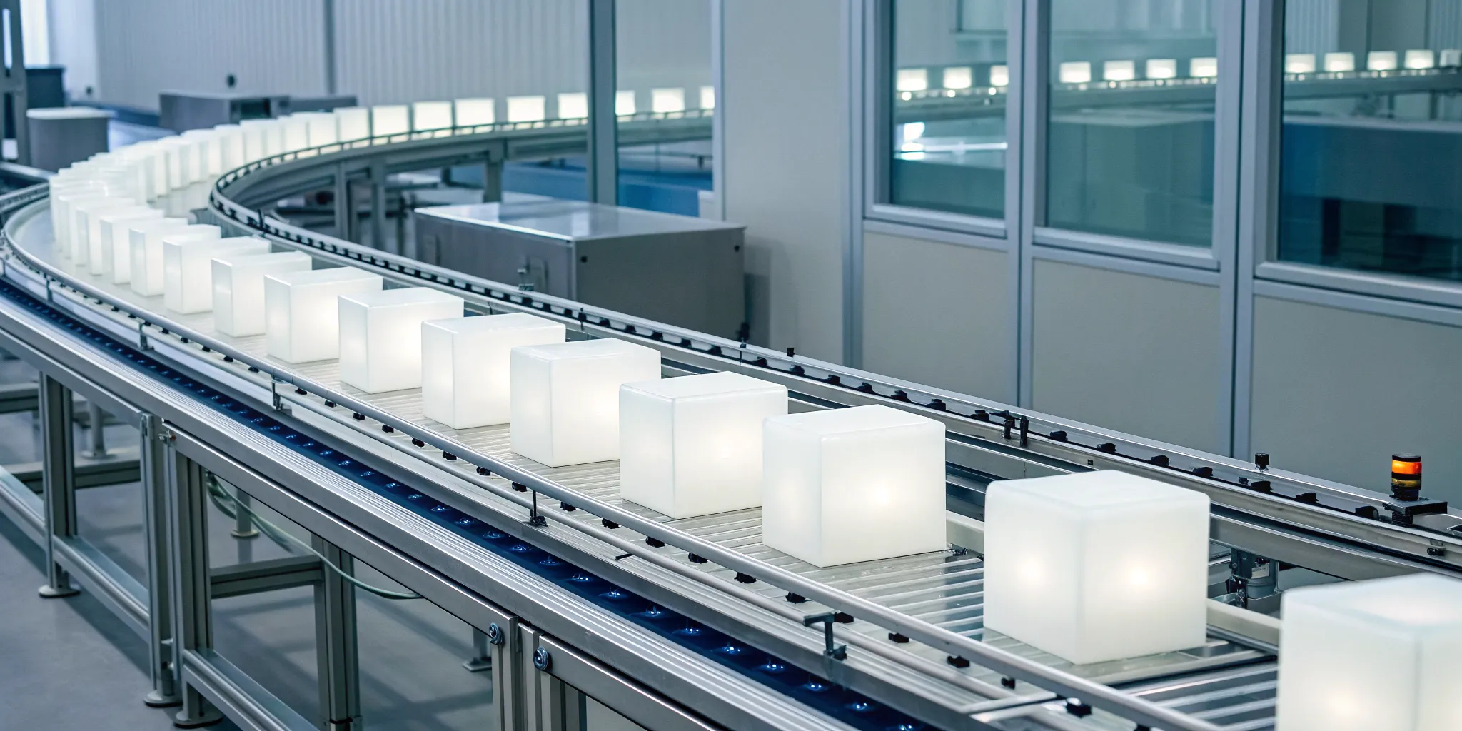 White label cubes moving through an automated workflow on a conveyor belt.