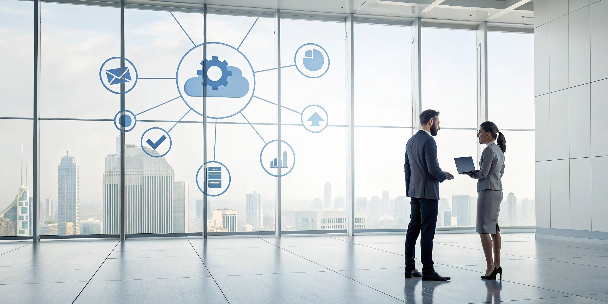 Business team discussing Microsoft Workflow automation with cloud and integration icons.