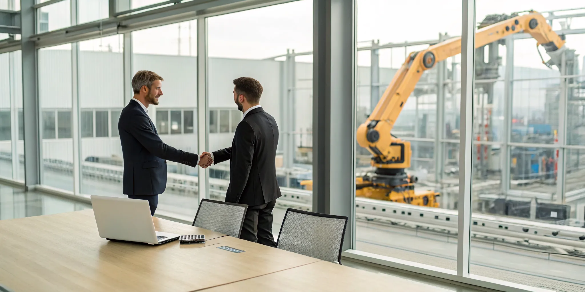 Business professionals shake hands, finalizing a strategic OEM partnership with a robotic arm in the background.