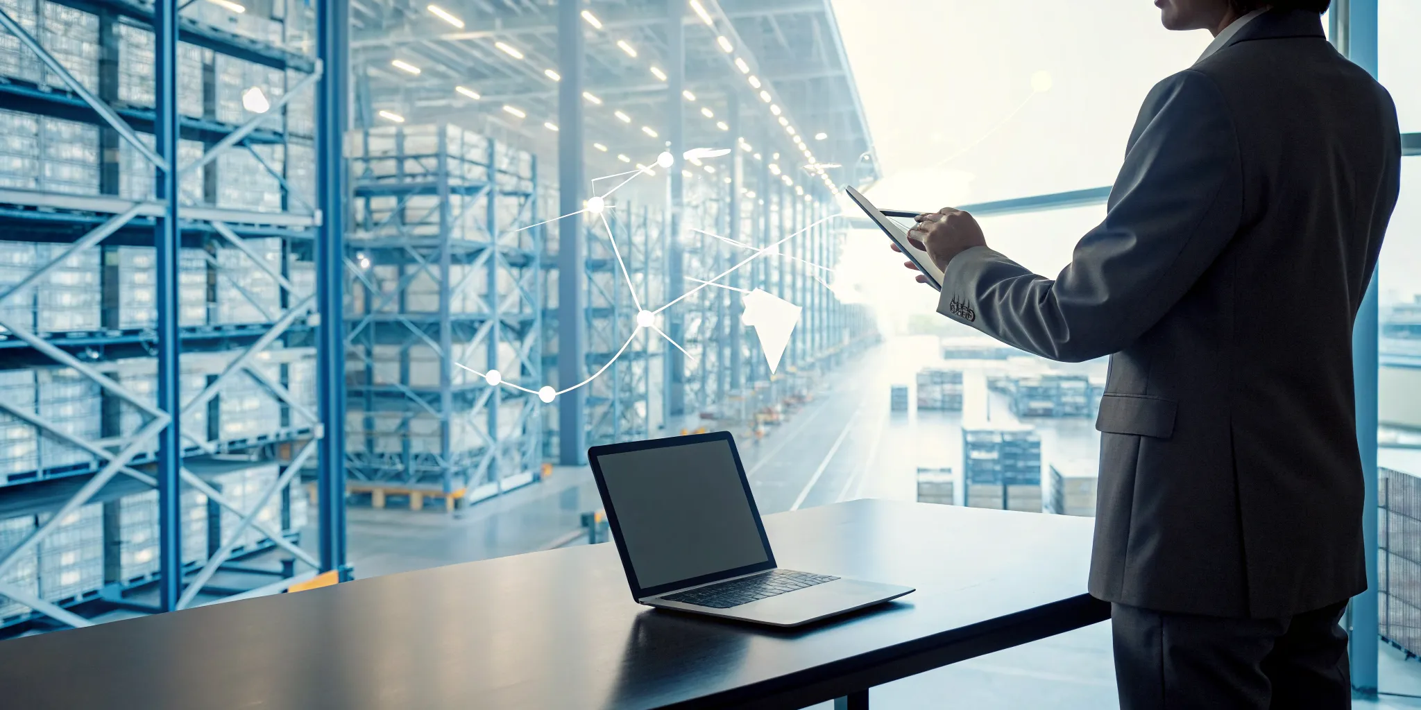Logistics manager in a warehouse using a tablet to optimize a workflow.