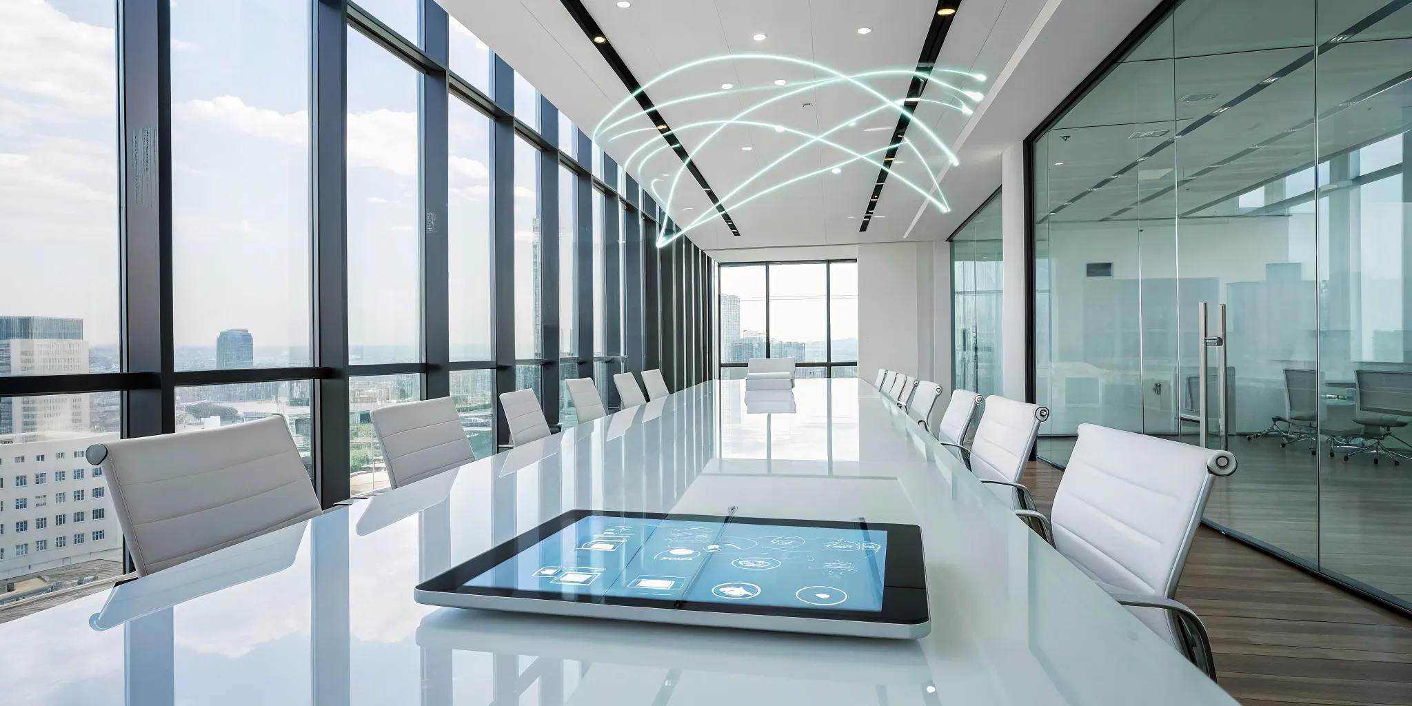 A digital touchscreen on a conference table used for procurement process automation.