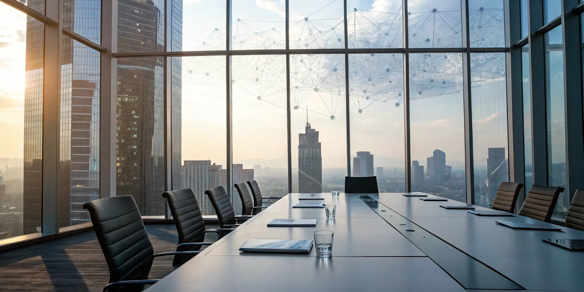 An enterprise digital transformation playbook visualized with network graphics in a modern boardroom.