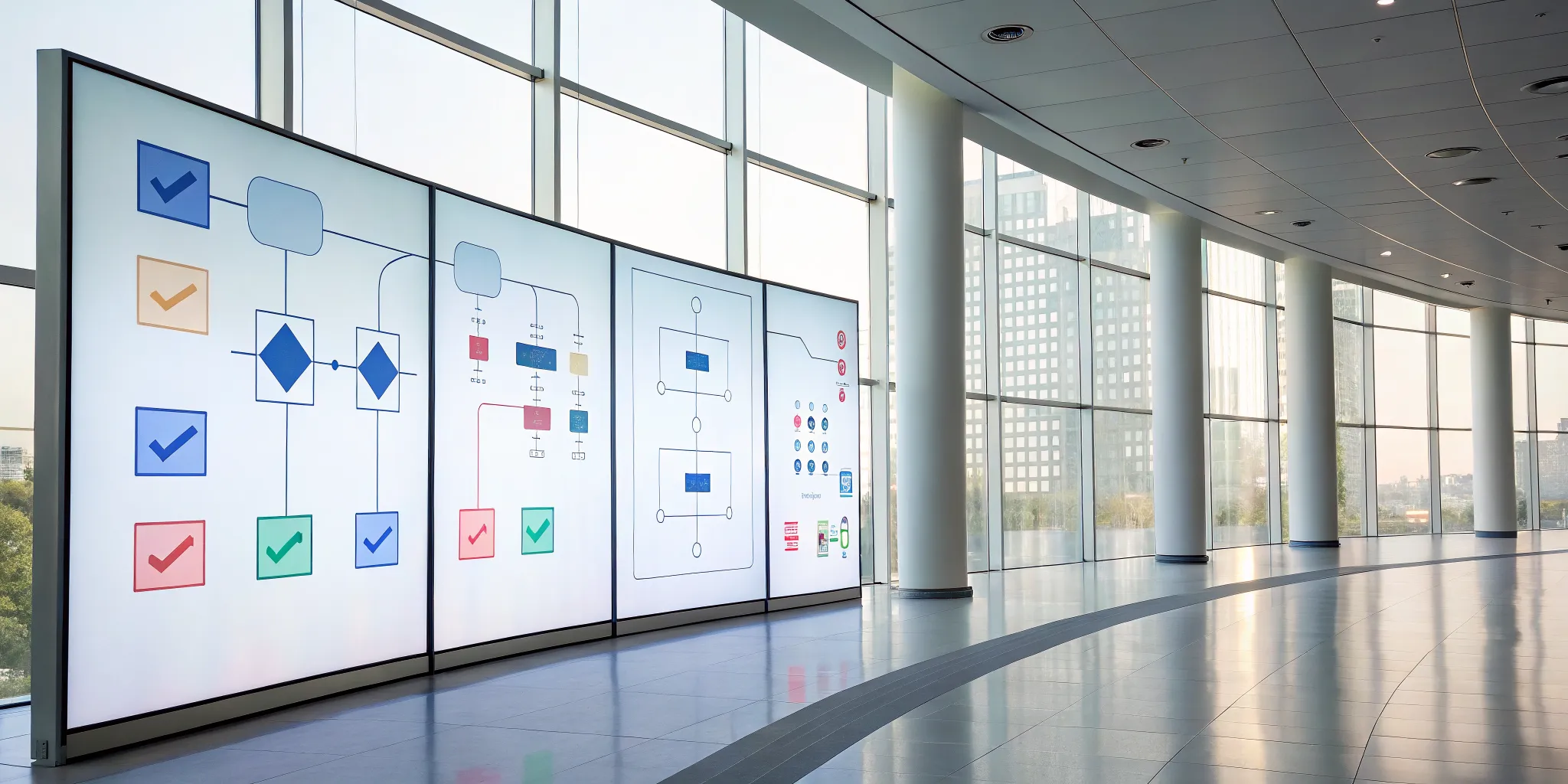 Digital screen in an office displaying different workflow systems for business automation.