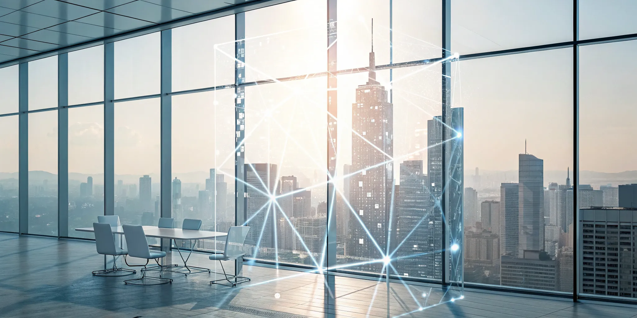 A digital AI governance framework overlaying a modern office and city skyline.